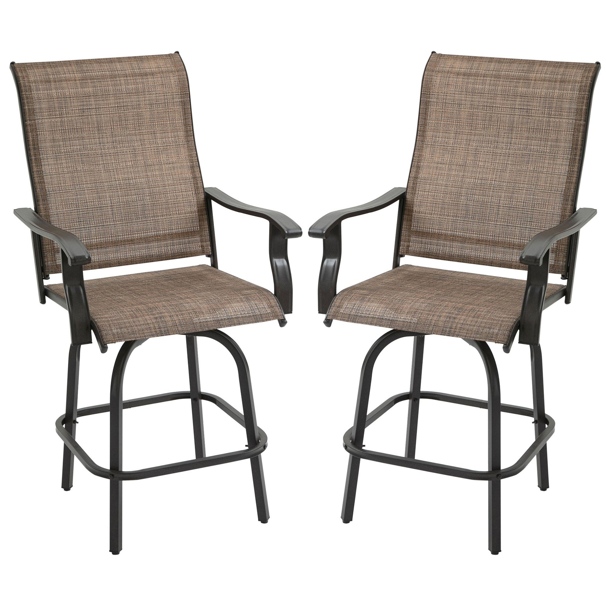 Outdoor Swivel Bar Stools Set of 2, 2 Piece Bar Height Patio Chairs with High Back, Curved Armrests and Steel Frame for Balcony, Poolside, Backyard, Brown