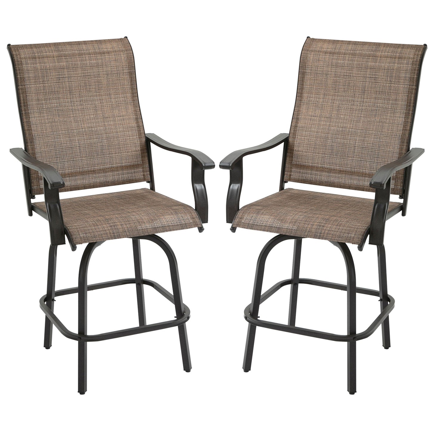 Outdoor Swivel Bar Stools Set of 2, 2 Piece Bar Height Patio Chairs with High Back, Curved Armrests and Steel Frame for Balcony, Poolside, Backyard, Brown