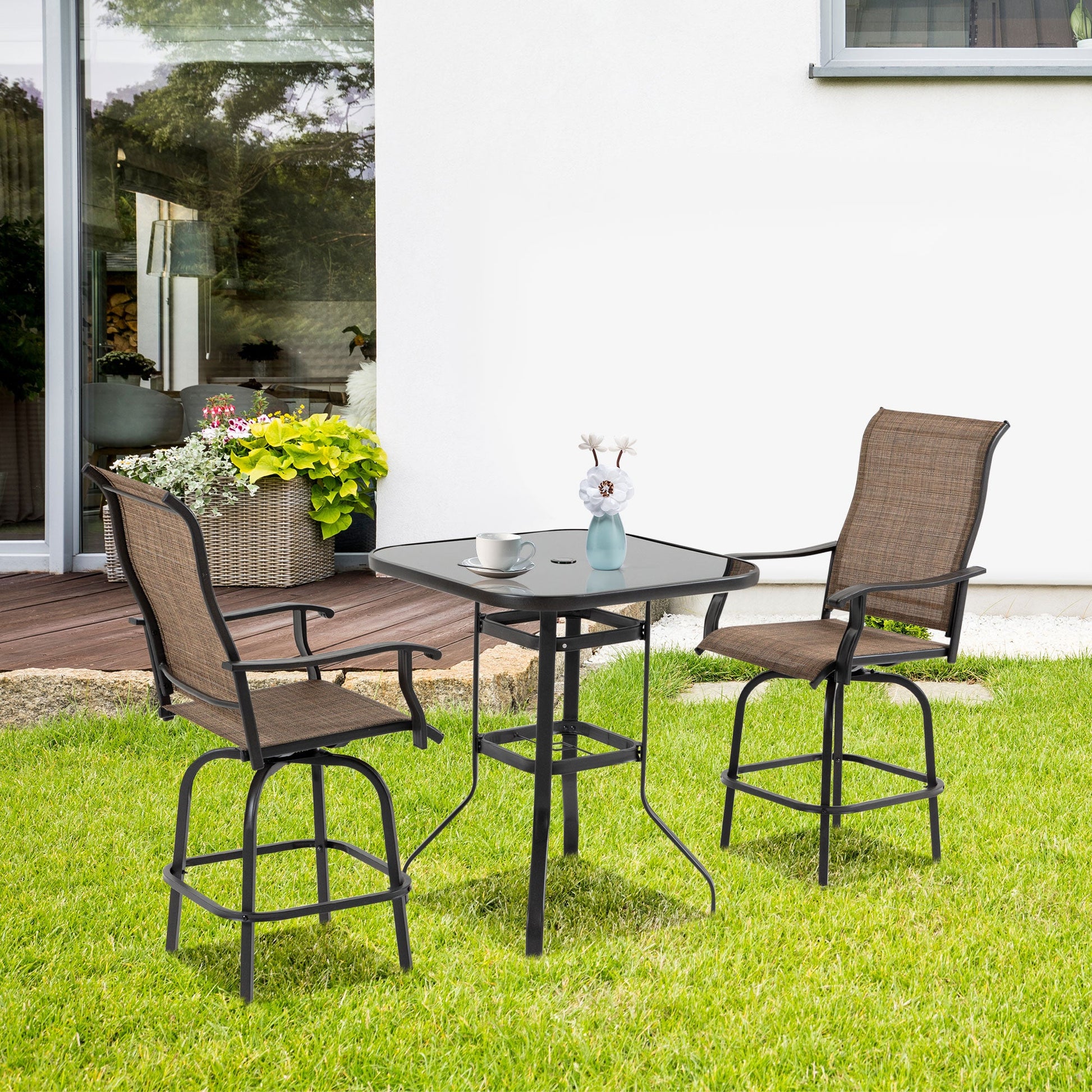 Outdoor Swivel Bar Stools Set of 2, 2 Piece Bar Height Patio Chairs with High Back, Curved Armrests and Steel Frame for Balcony, Poolside, Backyard, Brown