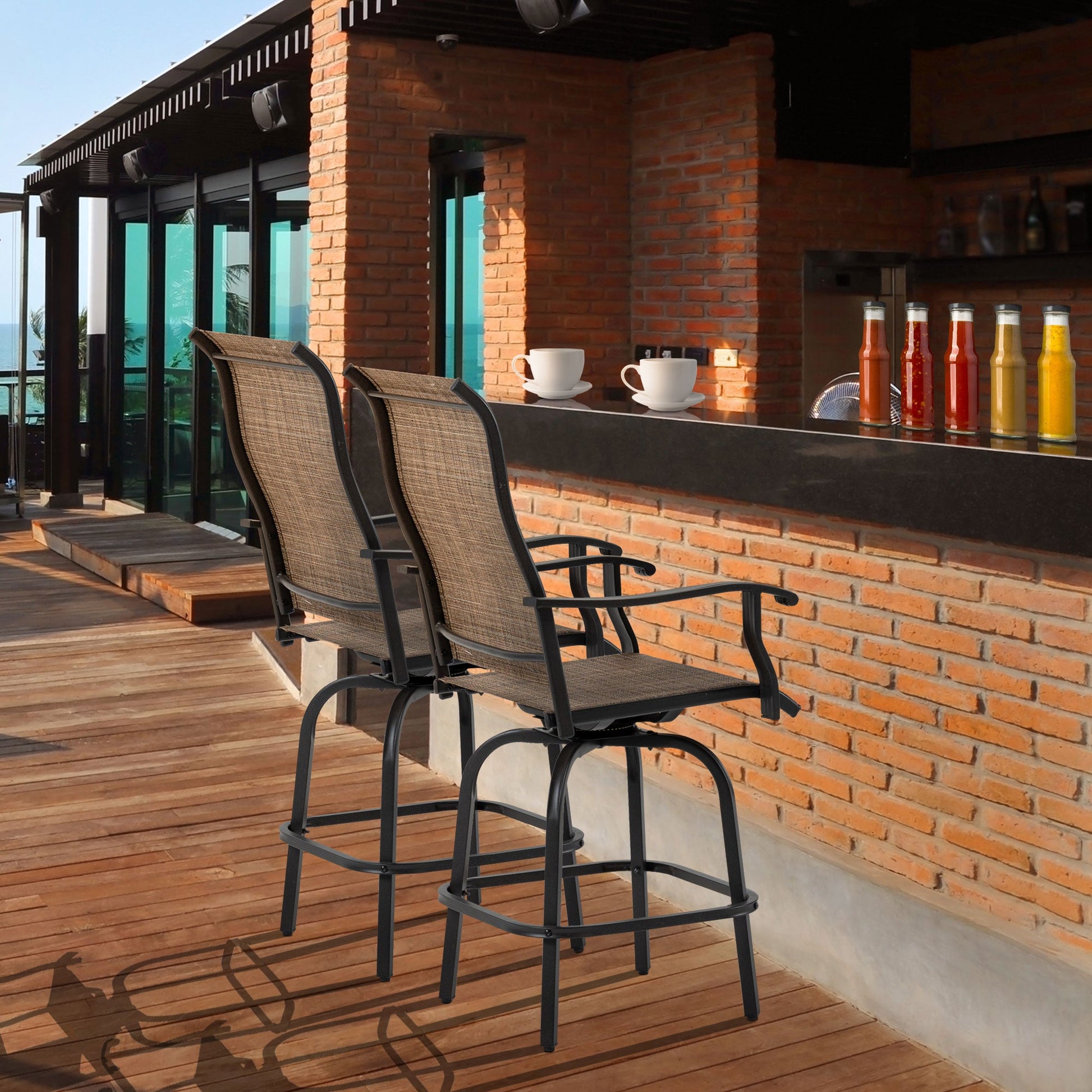 Outdoor Swivel Bar Stools Set of 2, 2 Piece Bar Height Patio Chairs with High Back, Curved Armrests and Steel Frame for Balcony, Poolside, Backyard, Brown