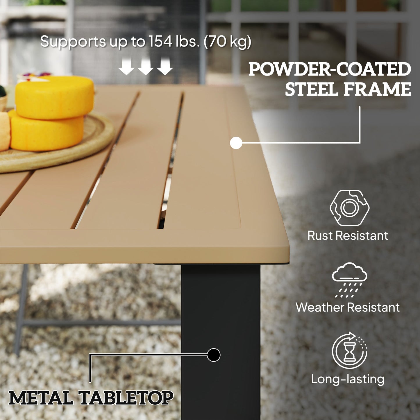 59" Outdoor Dining Table with Umbrella Hole for 6 People, Rectangle Patio Table with Slatted Metal Tabletop, Steel Frame for Backyard Garden Lawn Balcony, Brown
