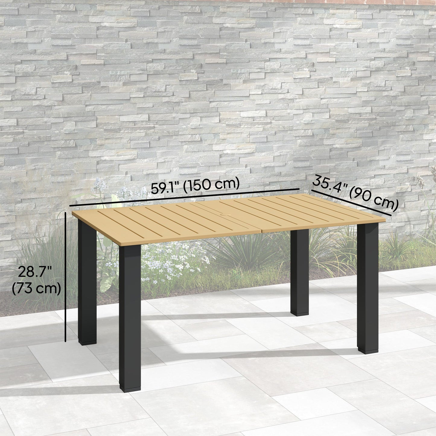 59" Outdoor Dining Table with Umbrella Hole for 6 People, Rectangle Patio Table with Slatted Metal Tabletop, Steel Frame for Backyard Garden Lawn Balcony, Brown