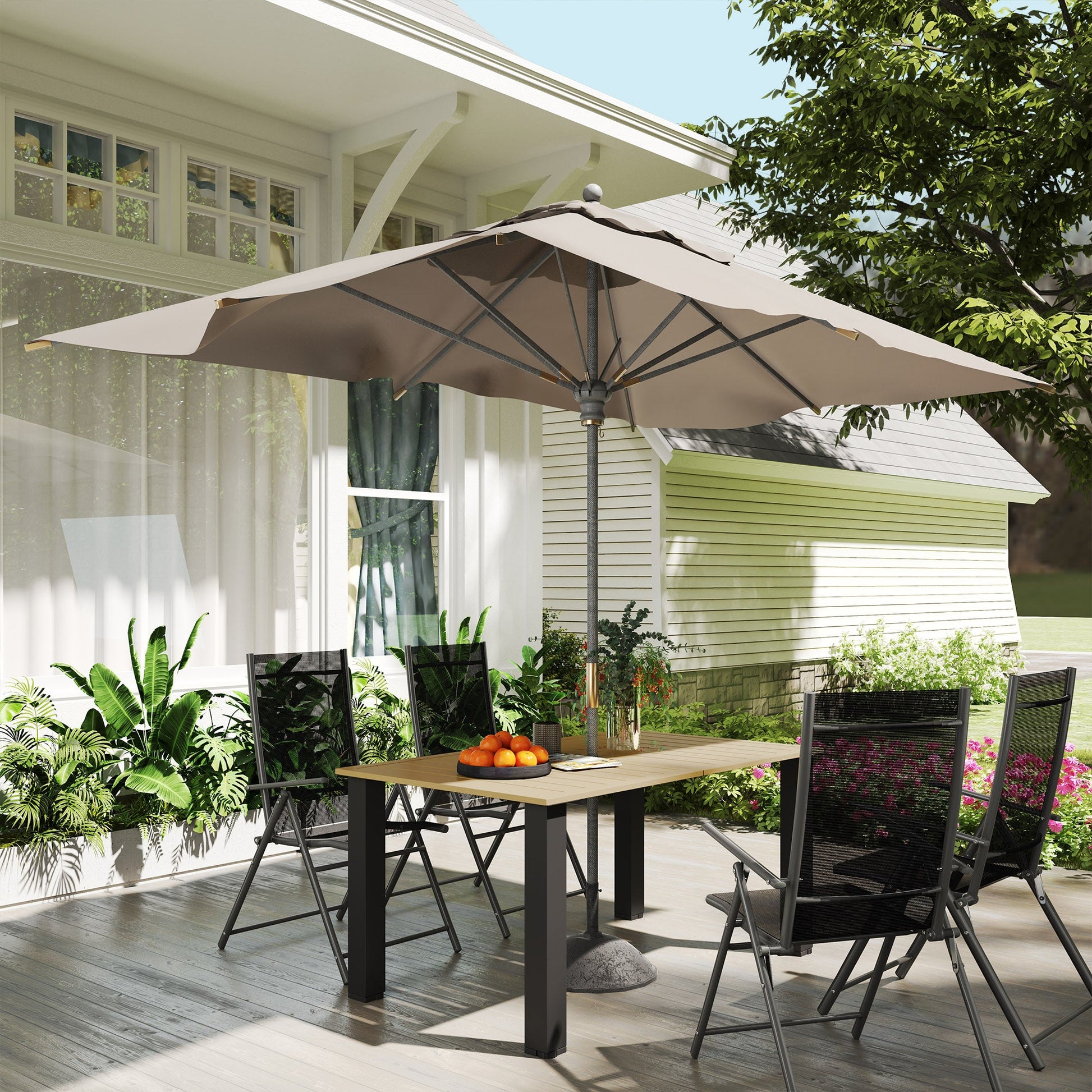 59" Outdoor Dining Table with Umbrella Hole for 6 People, Rectangle Patio Table with Slatted Metal Tabletop, Steel Frame for Backyard Garden Lawn Balcony, Brown