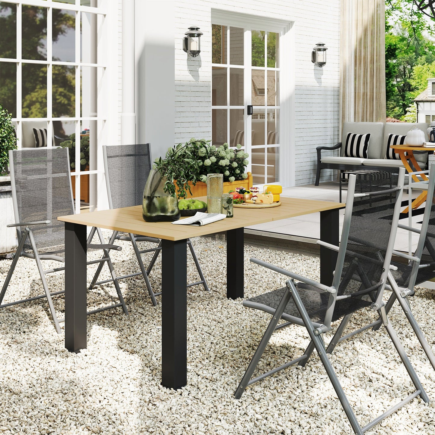 59" Outdoor Dining Table with Umbrella Hole for 6 People, Rectangle Patio Table with Slatted Metal Tabletop, Steel Frame for Backyard Garden Lawn Balcony, Brown