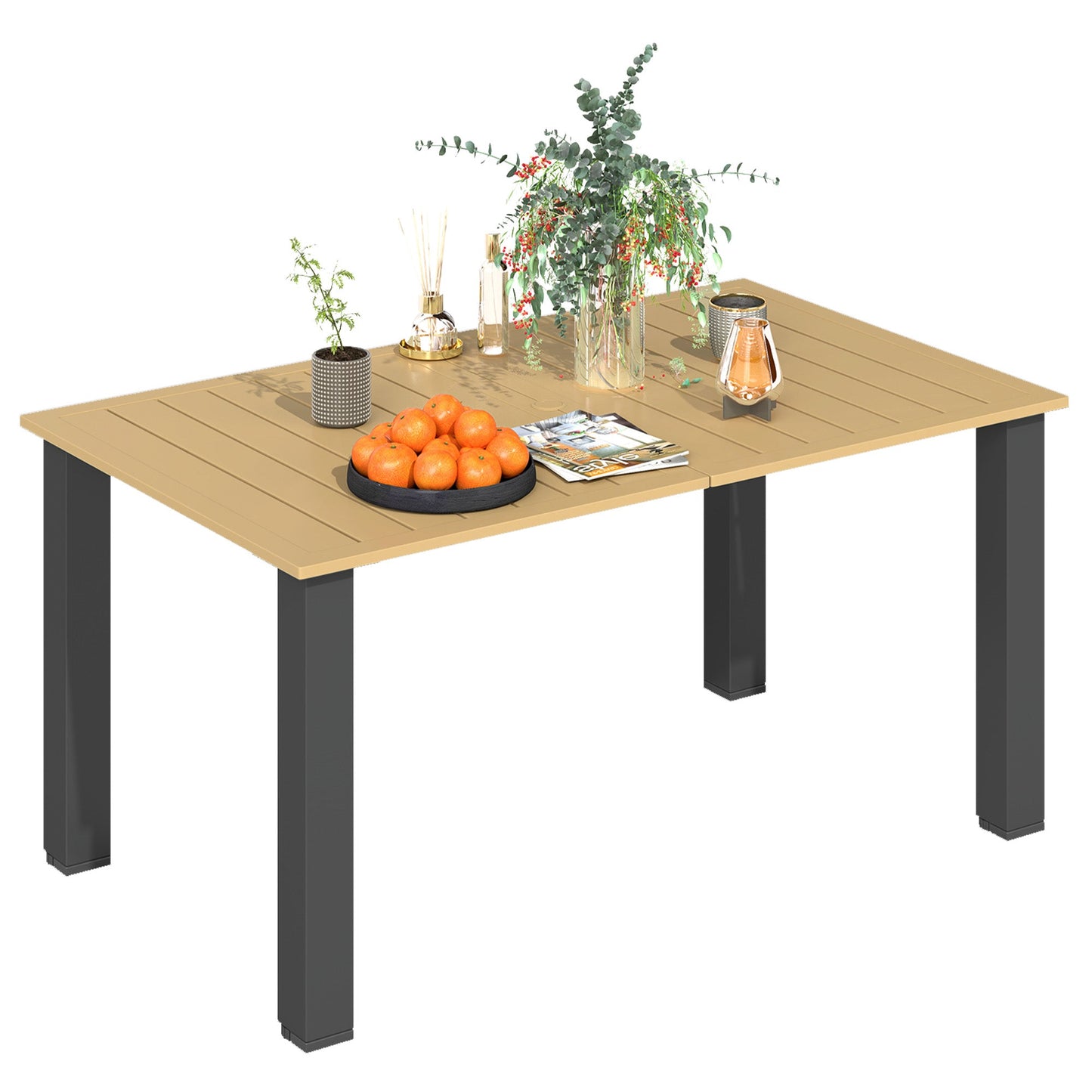 59" Outdoor Dining Table with Umbrella Hole for 6 People, Rectangle Patio Table with Slatted Metal Tabletop, Steel Frame for Backyard Garden Lawn Balcony, Brown
