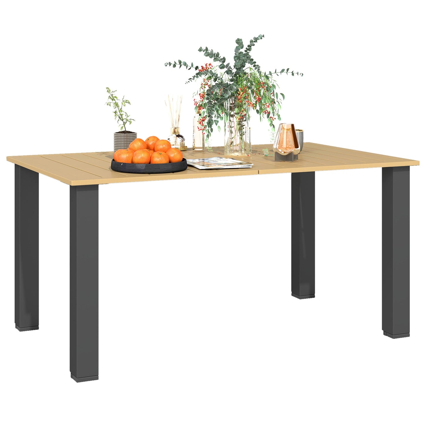59" Outdoor Dining Table with Umbrella Hole for 6 People, Rectangle Patio Table with Slatted Metal Tabletop, Steel Frame for Backyard Garden Lawn Balcony, Brown