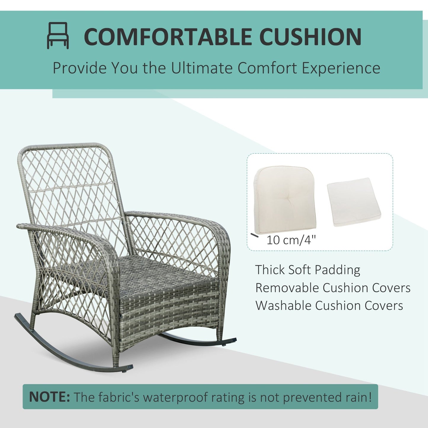 Rattan Rocking Chair, Outdoor Wicker Patio Rocker Chair Furniture with Thick Cushions, for Garden Backyard Porch, Khaki
