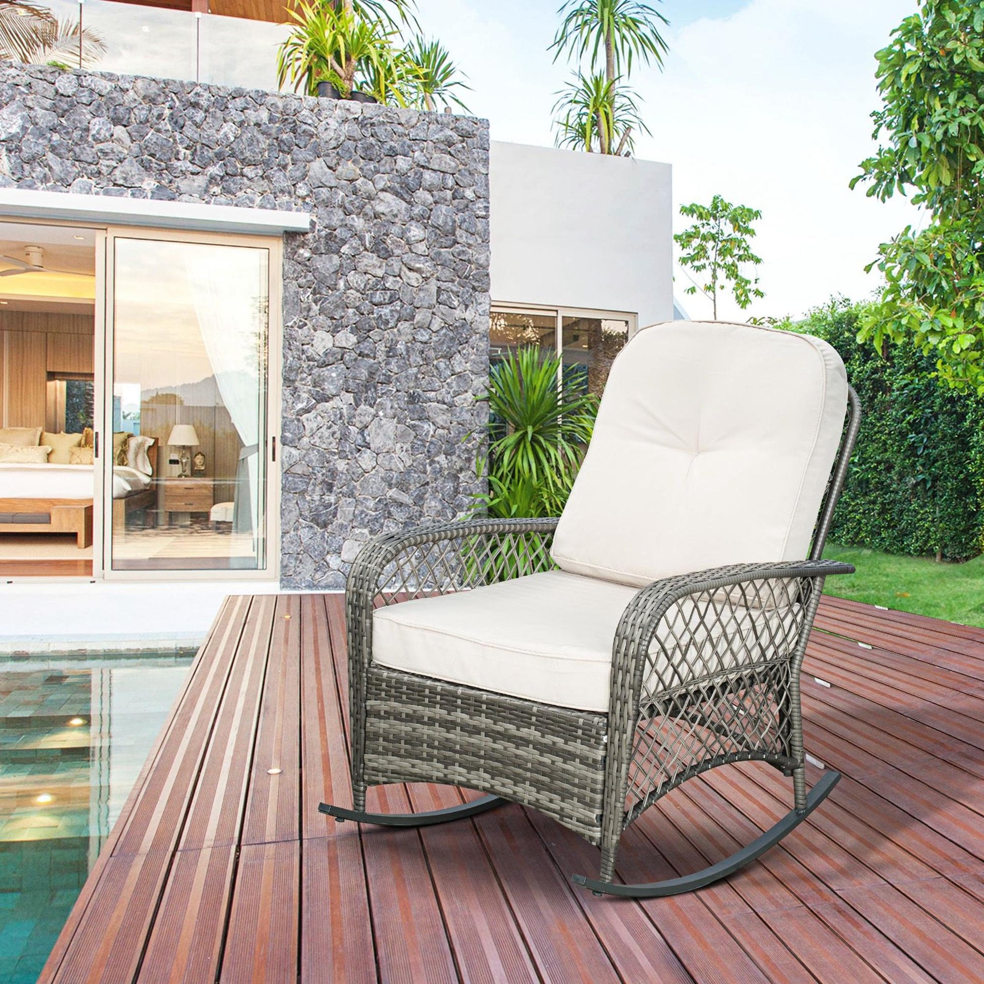 Rattan Rocking Chair, Outdoor Wicker Patio Rocker Chair Furniture with Thick Cushions, for Garden Backyard Porch, Khaki