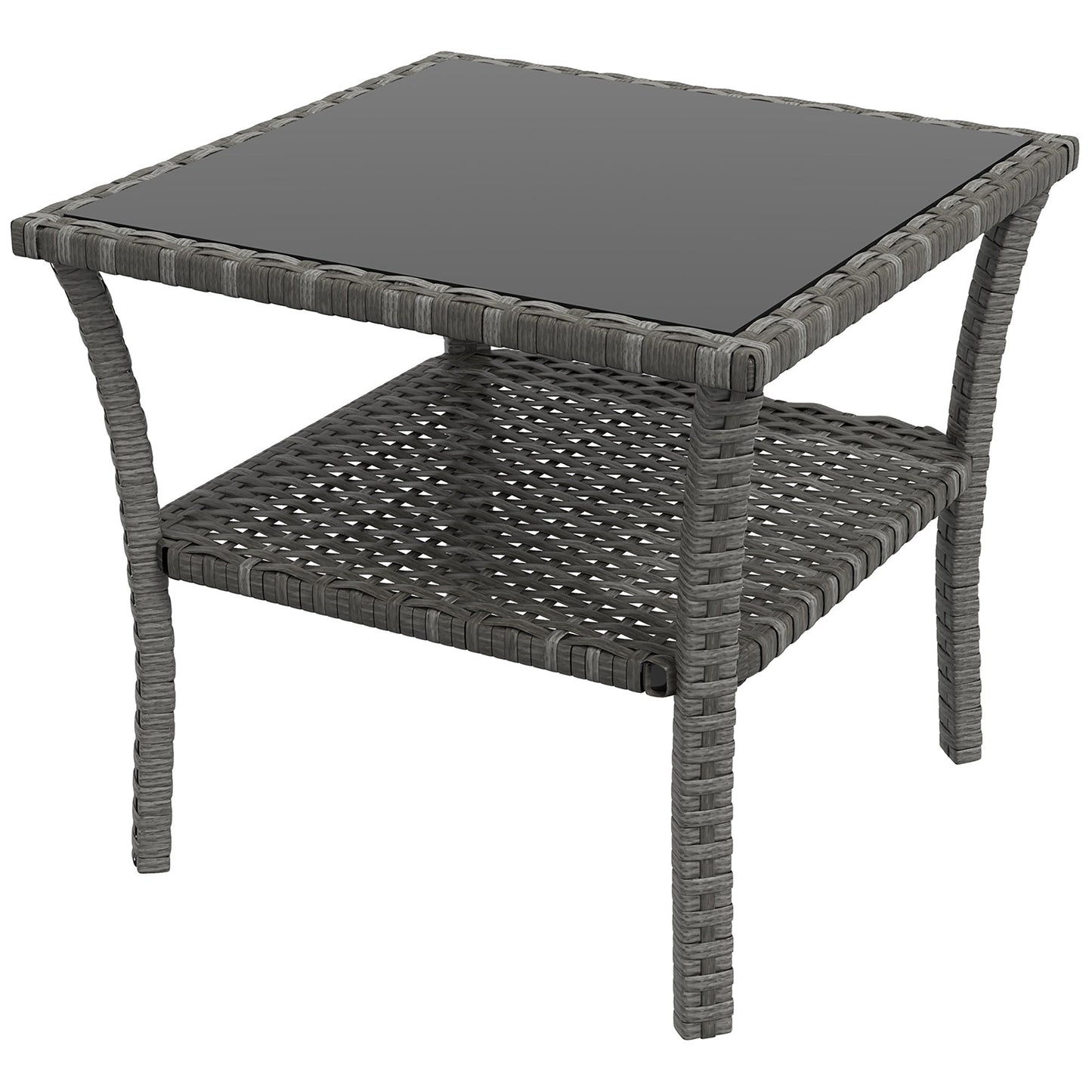 20" Patio Wicker Coffee Table, Outdoor PE Rattan Two-tier Side Table with Glass Top, for Patio, Garden, Balcony, Mixed Grey