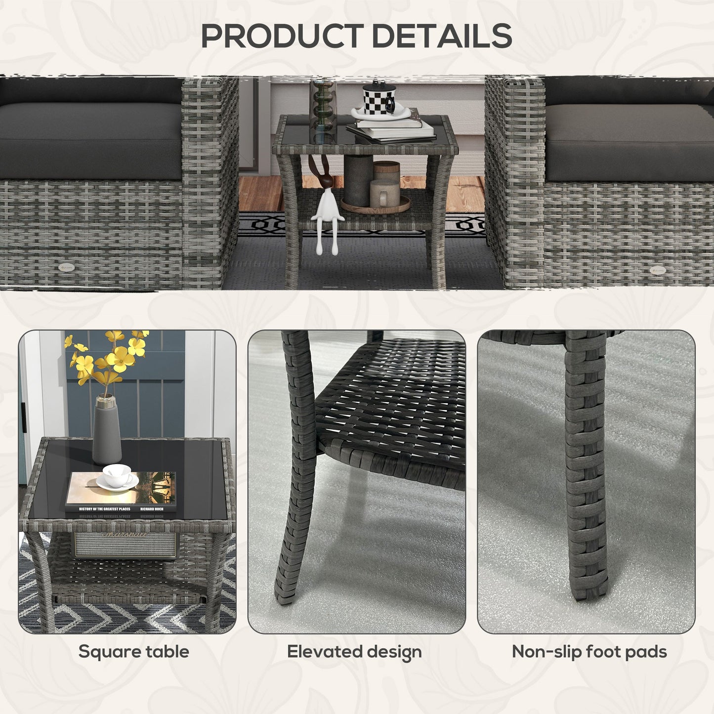 20" Patio Wicker Coffee Table, Outdoor PE Rattan Two-tier Side Table with Glass Top, for Patio, Garden, Balcony, Mixed Grey