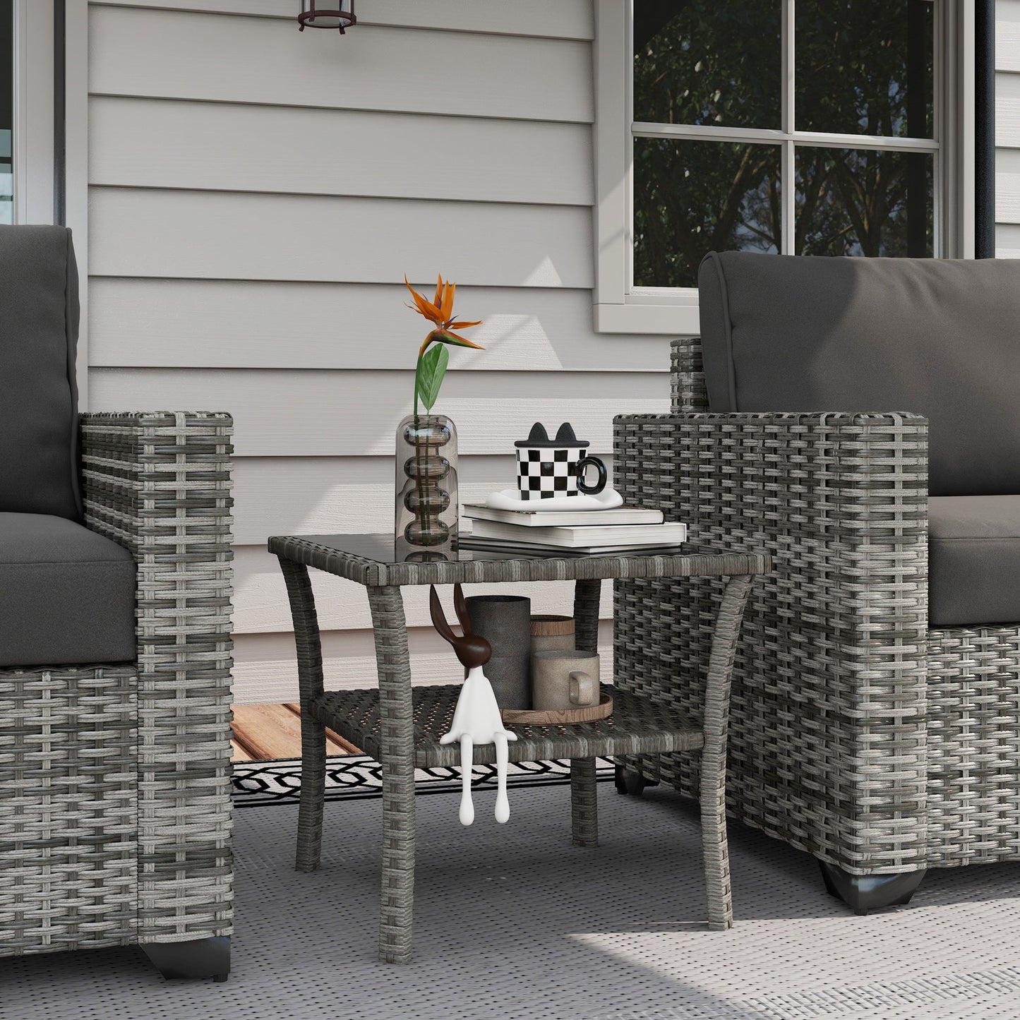 20" Patio Wicker Coffee Table, Outdoor PE Rattan Two-tier Side Table with Glass Top, for Patio, Garden, Balcony, Mixed Grey