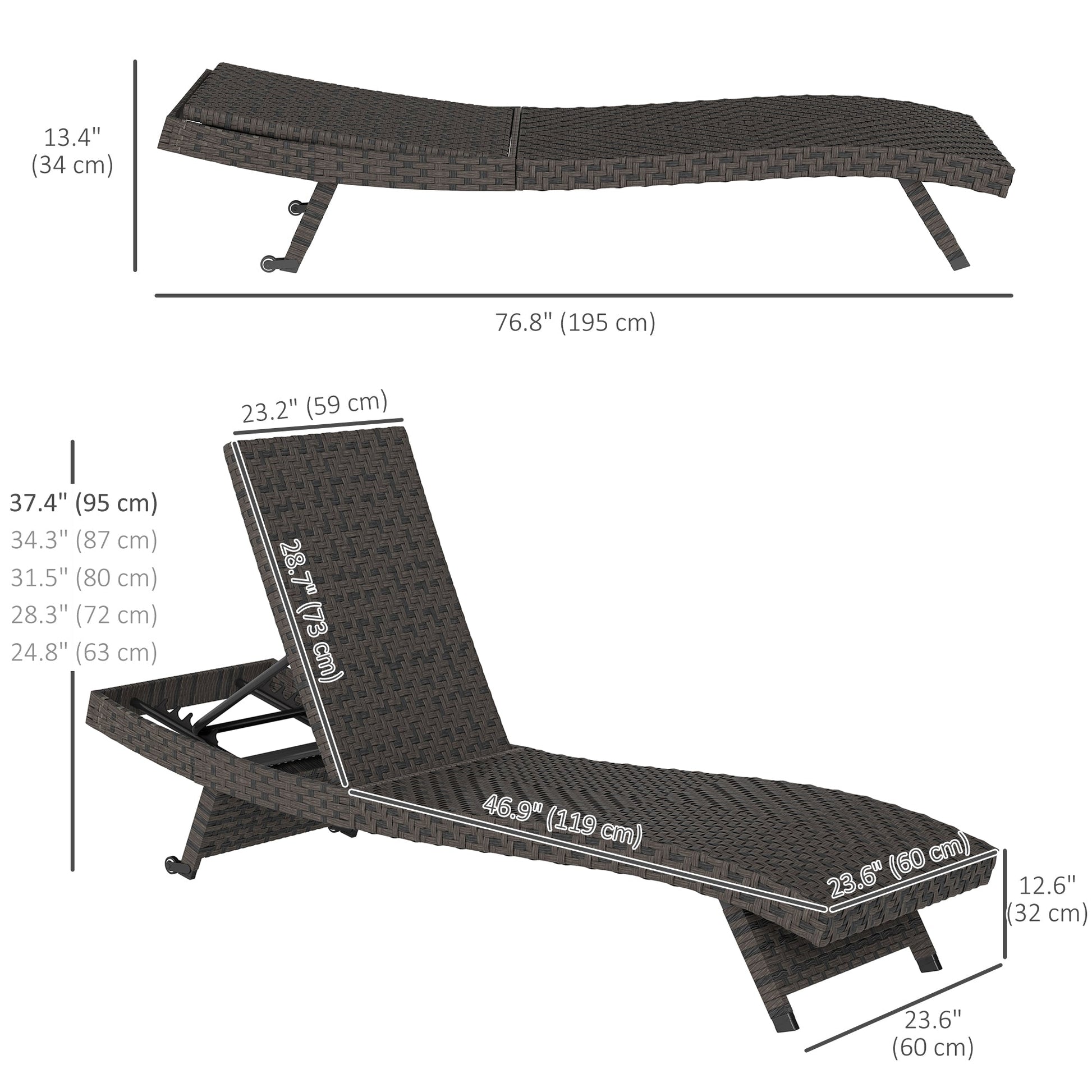PE Rattan Patio Lounger, Foldable Outdoor Lounge Chair with 5-Level Adjustable Backrest, Two Wheels, and Quick-Drying Foam, for Sun Room, Garden, Poolside, Mixed Brown