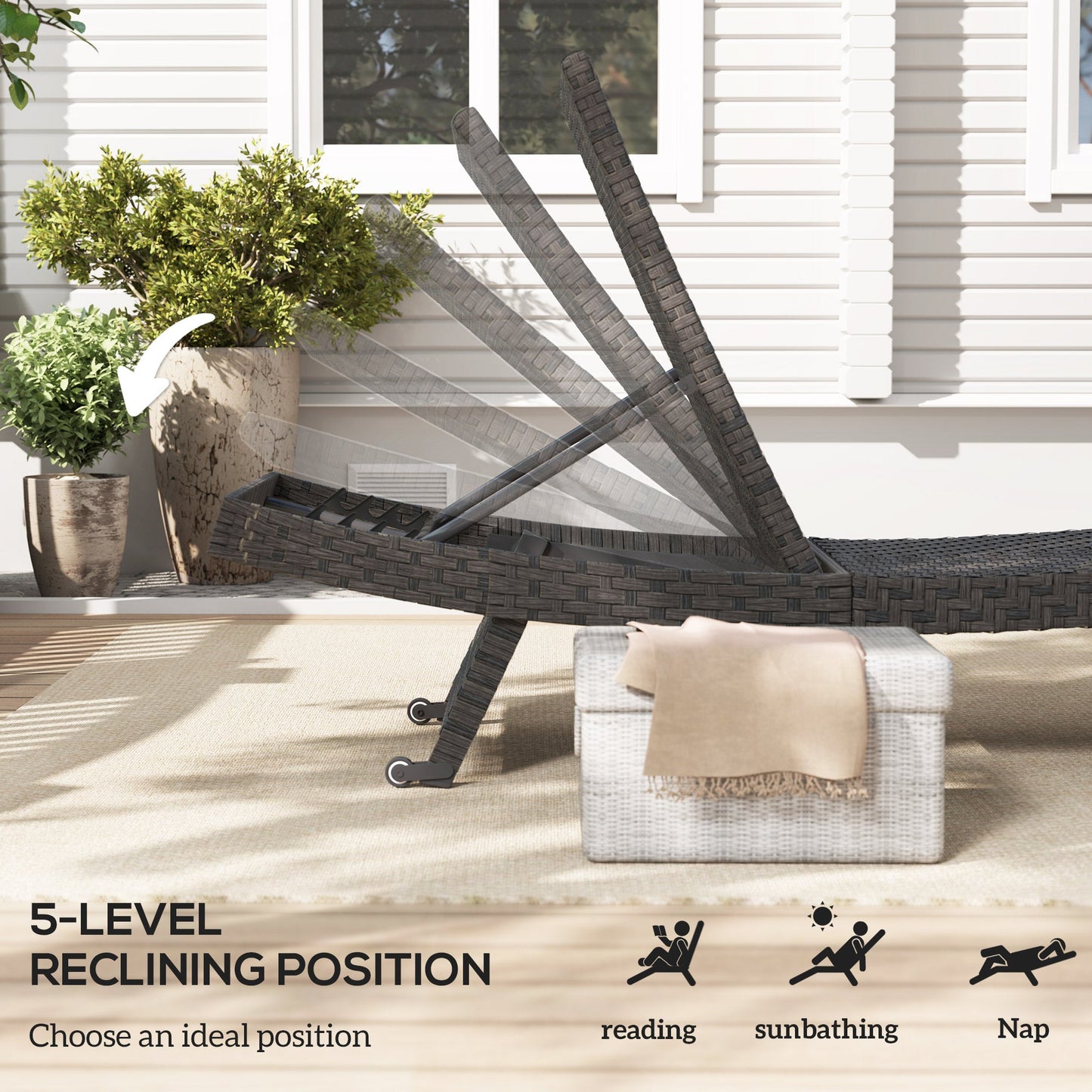 PE Rattan Patio Lounger, Foldable Outdoor Lounge Chair with 5-Level Adjustable Backrest, Two Wheels, and Quick-Drying Foam, for Sun Room, Garden, Poolside, Mixed Brown