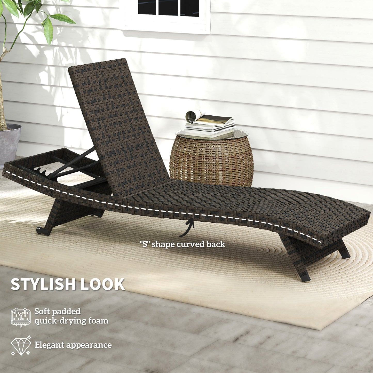 PE Rattan Patio Lounger, Foldable Outdoor Lounge Chair with 5-Level Adjustable Backrest, Two Wheels, and Quick-Drying Foam, for Sun Room, Garden, Poolside, Mixed Brown