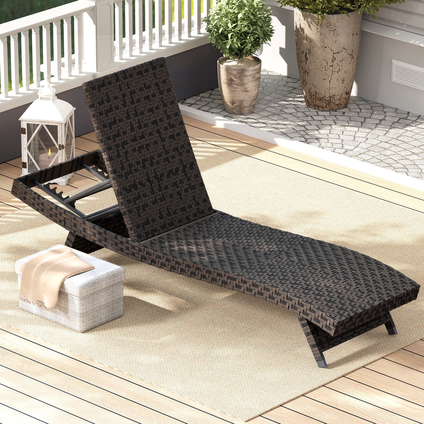 PE Rattan Patio Lounger, Foldable Outdoor Lounge Chair with 5-Level Adjustable Backrest, Two Wheels, and Quick-Drying Foam, for Sun Room, Garden, Poolside, Mixed Brown