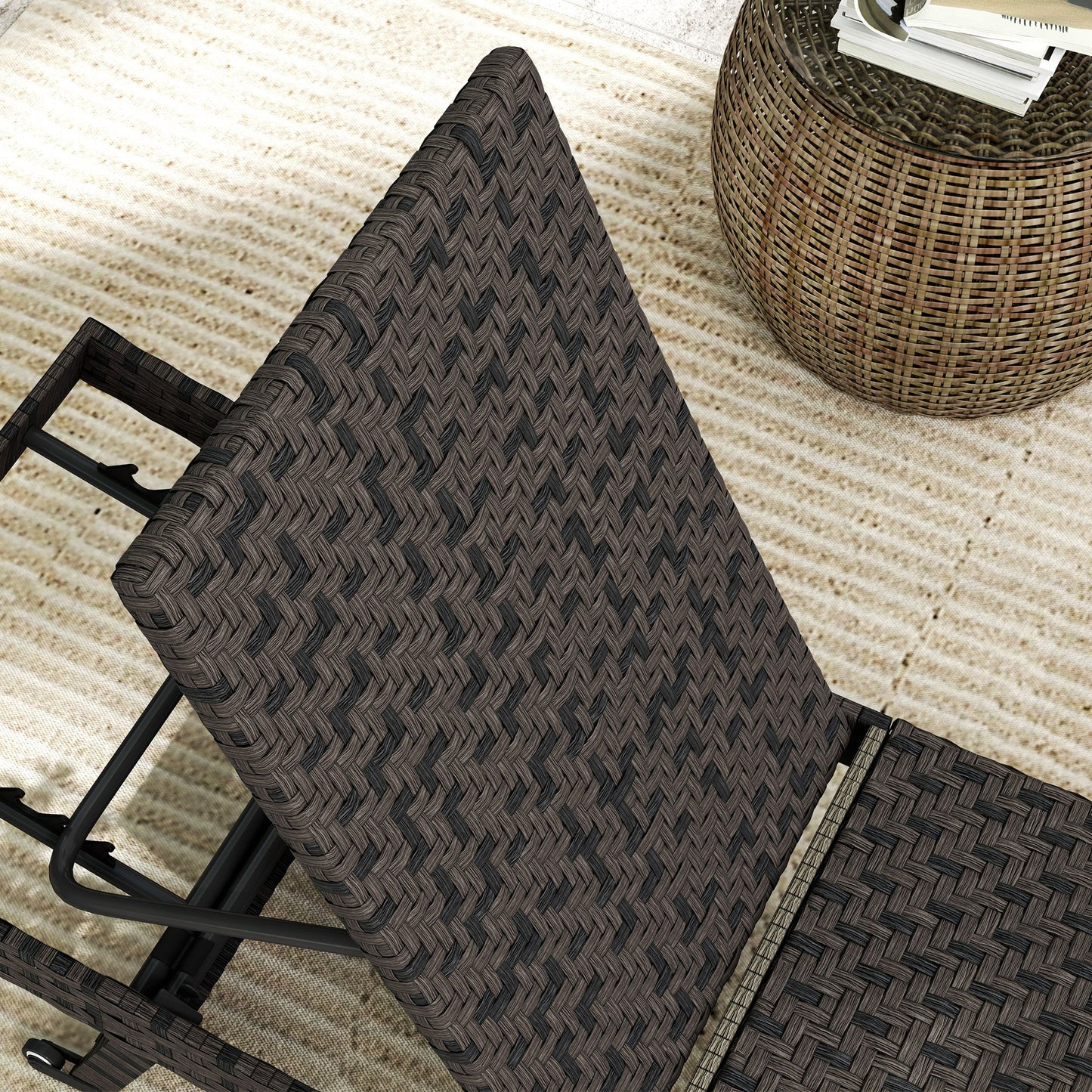 PE Rattan Patio Lounger, Foldable Outdoor Lounge Chair with 5-Level Adjustable Backrest, Two Wheels, and Quick-Drying Foam, for Sun Room, Garden, Poolside, Mixed Brown