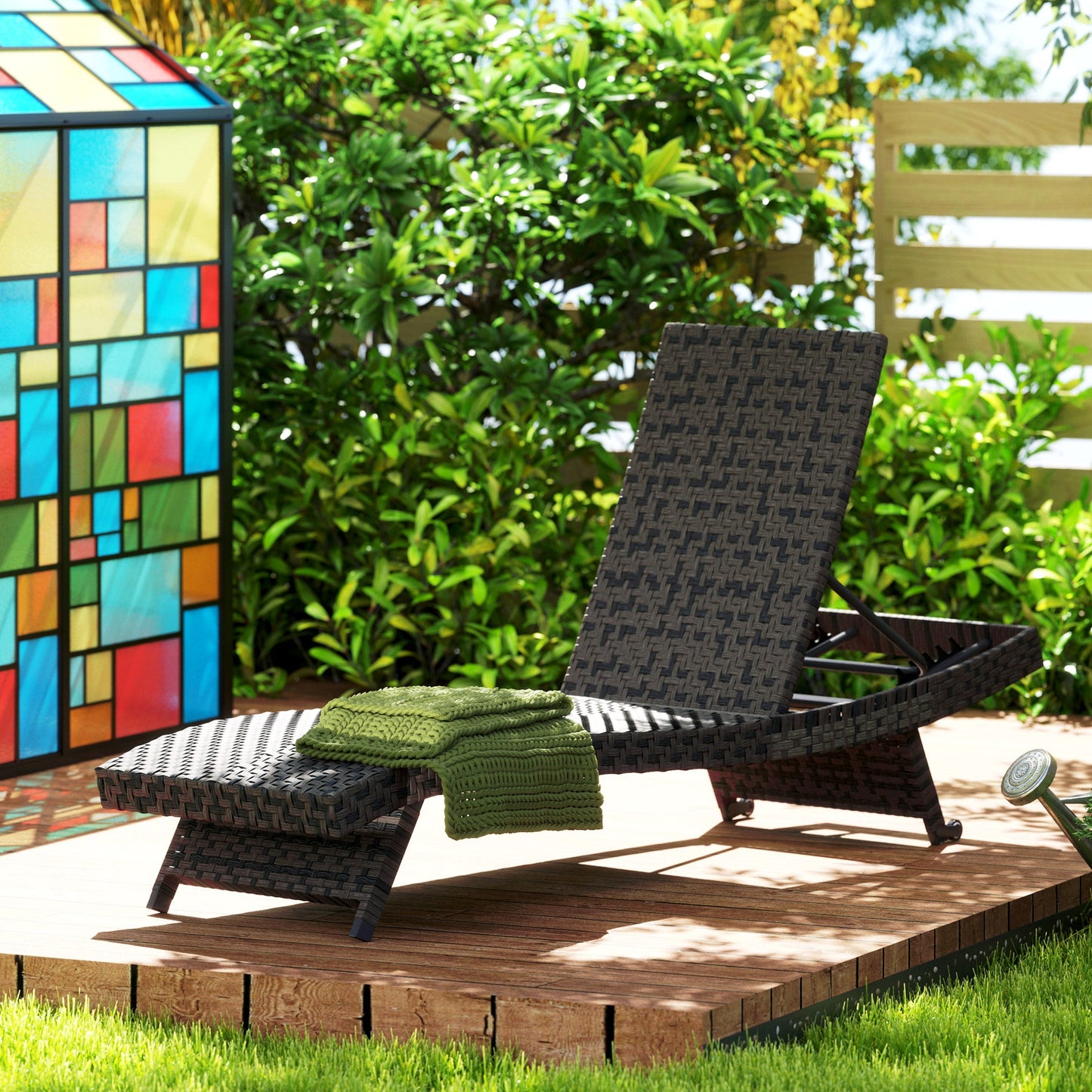 PE Rattan Patio Lounger, Foldable Outdoor Lounge Chair with 5-Level Adjustable Backrest, Two Wheels, and Quick-Drying Foam, for Sun Room, Garden, Poolside, Mixed Brown