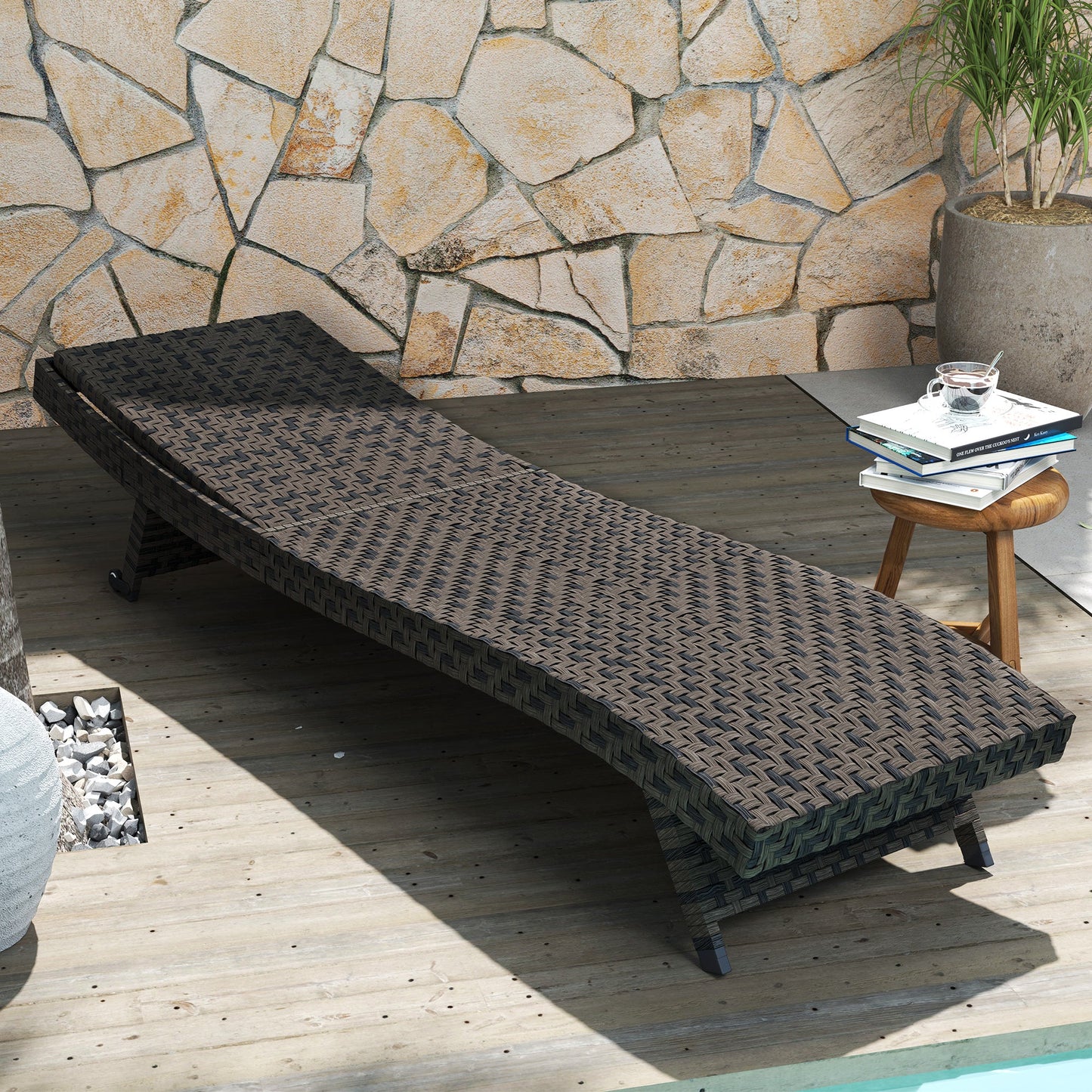 PE Rattan Patio Lounger, Foldable Outdoor Lounge Chair with 5-Level Adjustable Backrest, Two Wheels, and Quick-Drying Foam, for Sun Room, Garden, Poolside, Mixed Brown