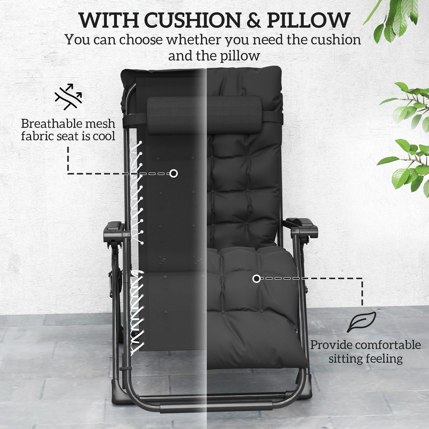 Reclining Zero Gravity Chair with Adjustable Backrest, Folding Garden Sun Lounger, Outdoor Recliner with Removable Cushion and Headrest, Black