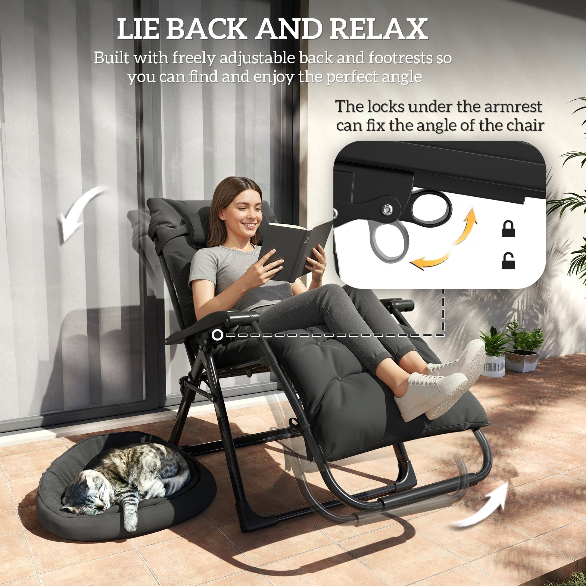 Reclining Zero Gravity Chair with Adjustable Backrest, Folding Garden Sun Lounger, Outdoor Recliner with Removable Cushion and Headrest, Black