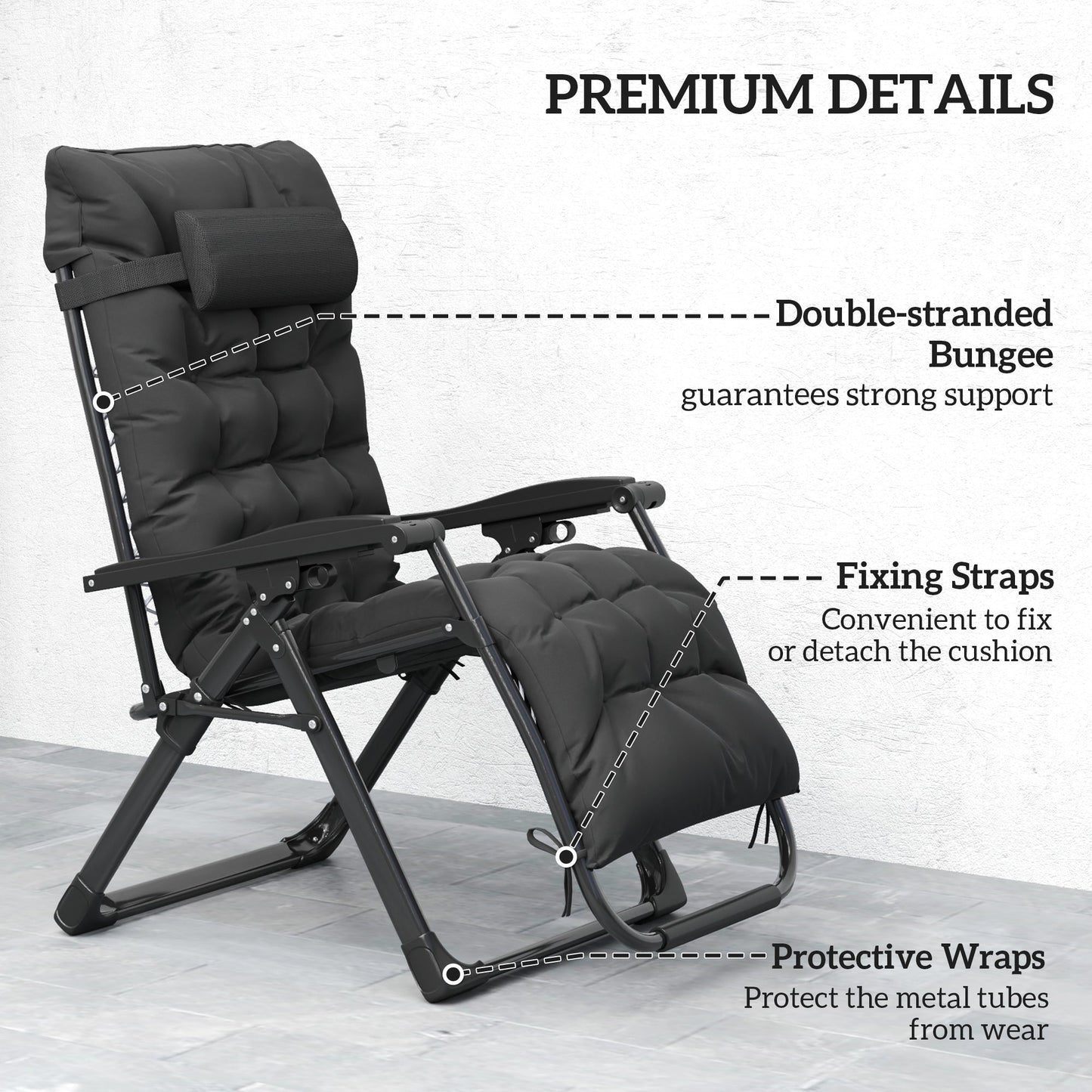 Reclining Zero Gravity Chair with Adjustable Backrest, Folding Garden Sun Lounger, Outdoor Recliner with Removable Cushion and Headrest, Black