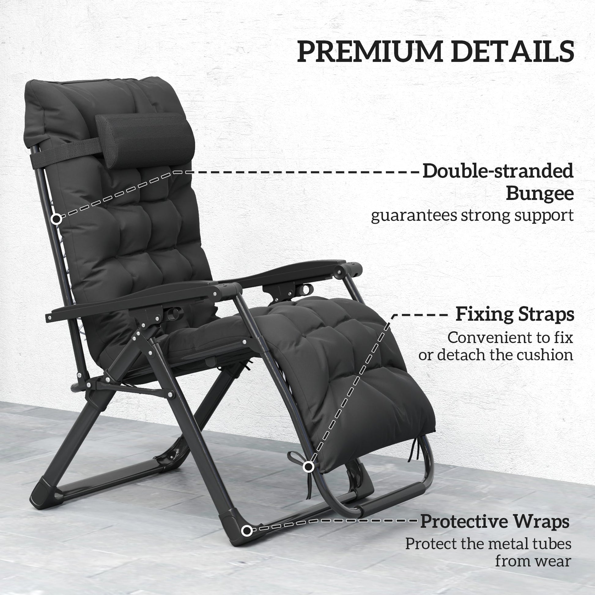 Reclining Zero Gravity Chair with Adjustable Backrest, Folding Garden Sun Lounger, Outdoor Recliner with Removable Cushion and Headrest, Black