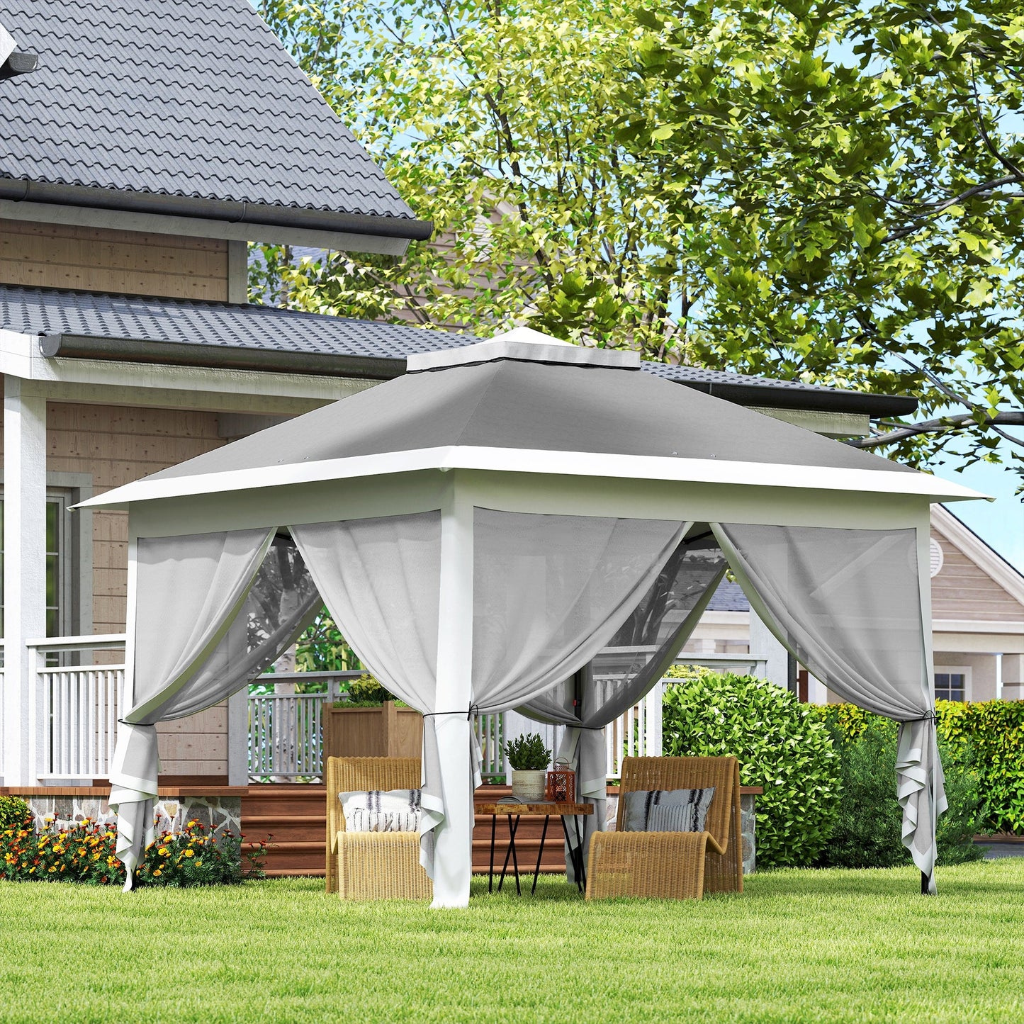 11' x 11' Pop Up Canopy, Double Roof Foldable Canopy Tent with Zipper Mesh Sidewalls, Height Adjustable and Carrying Bag, Event Tent for Patio Garden Backyard, Dark Grey