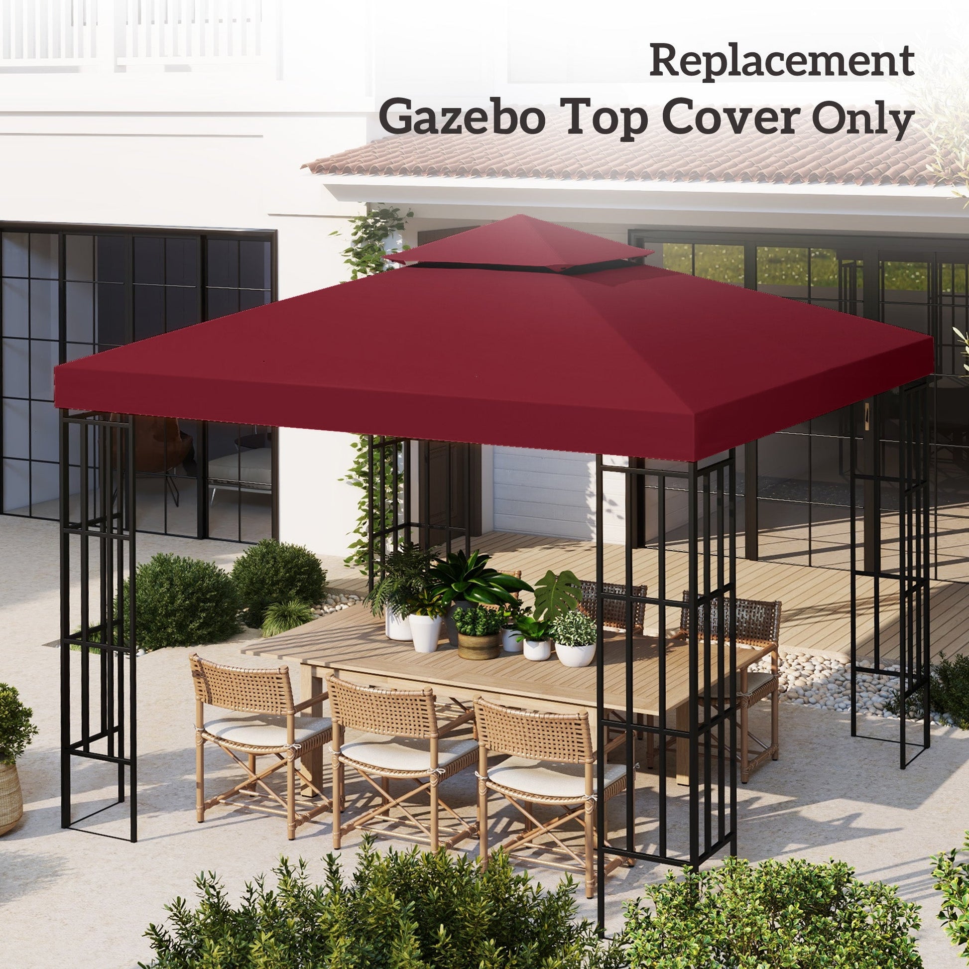 9.84' x 9.84' Square 2-Tier Gazebo Canopy Replacement Top Cover Outdoor Garden Sun Shade, Wine Red