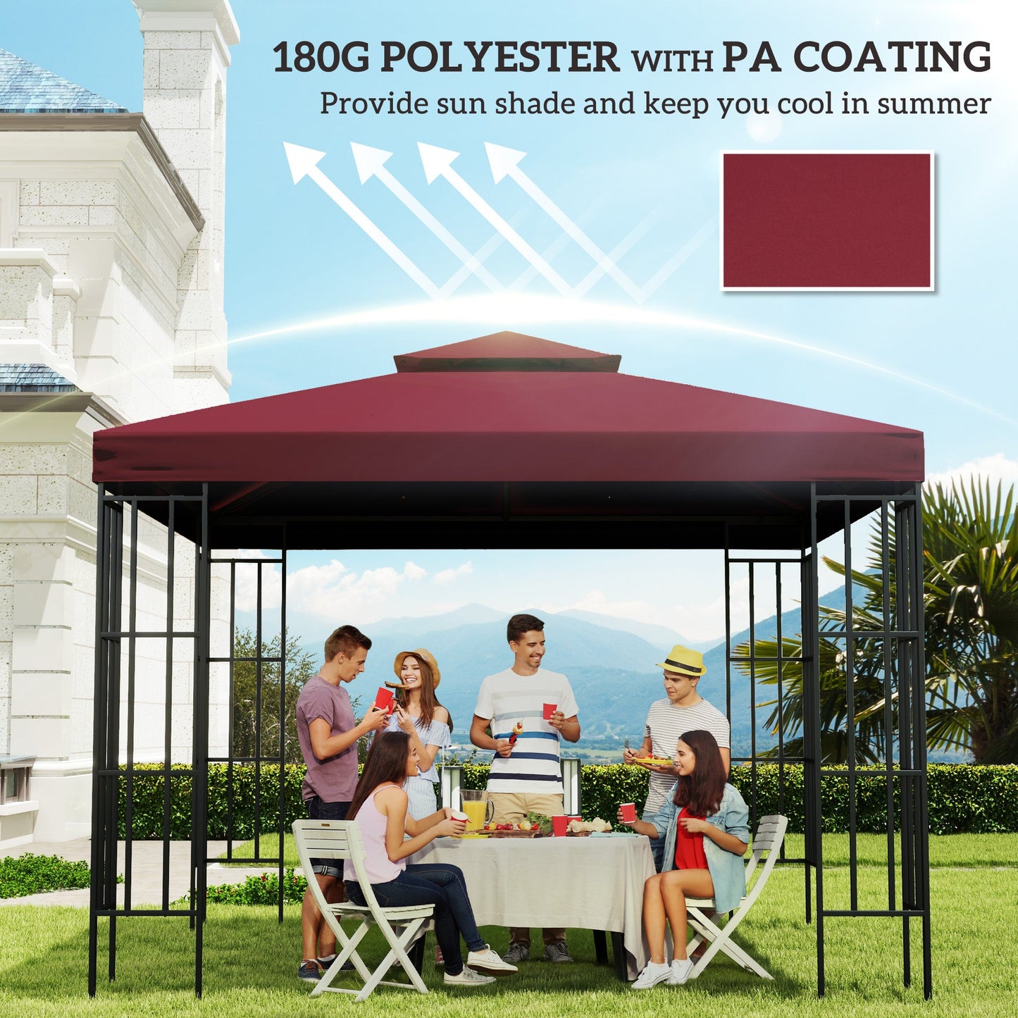 9.84' x 9.84' Square 2-Tier Gazebo Canopy Replacement Top Cover Outdoor Garden Sun Shade, Wine Red