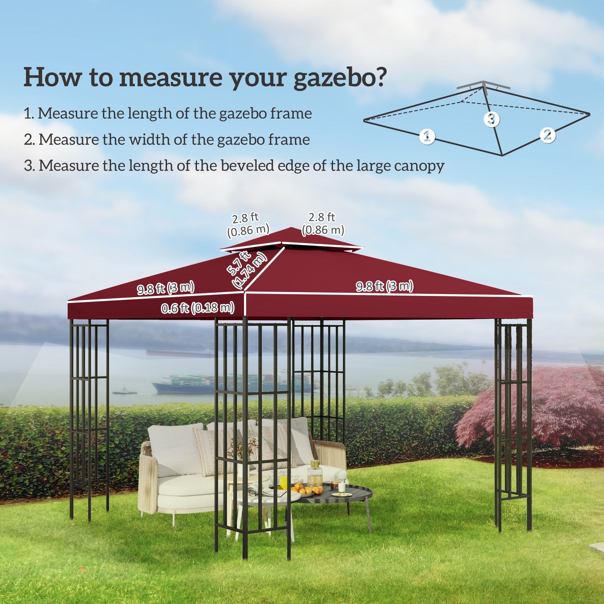 9.84' x 9.84' Square 2-Tier Gazebo Canopy Replacement Top Cover Outdoor Garden Sun Shade, Wine Red
