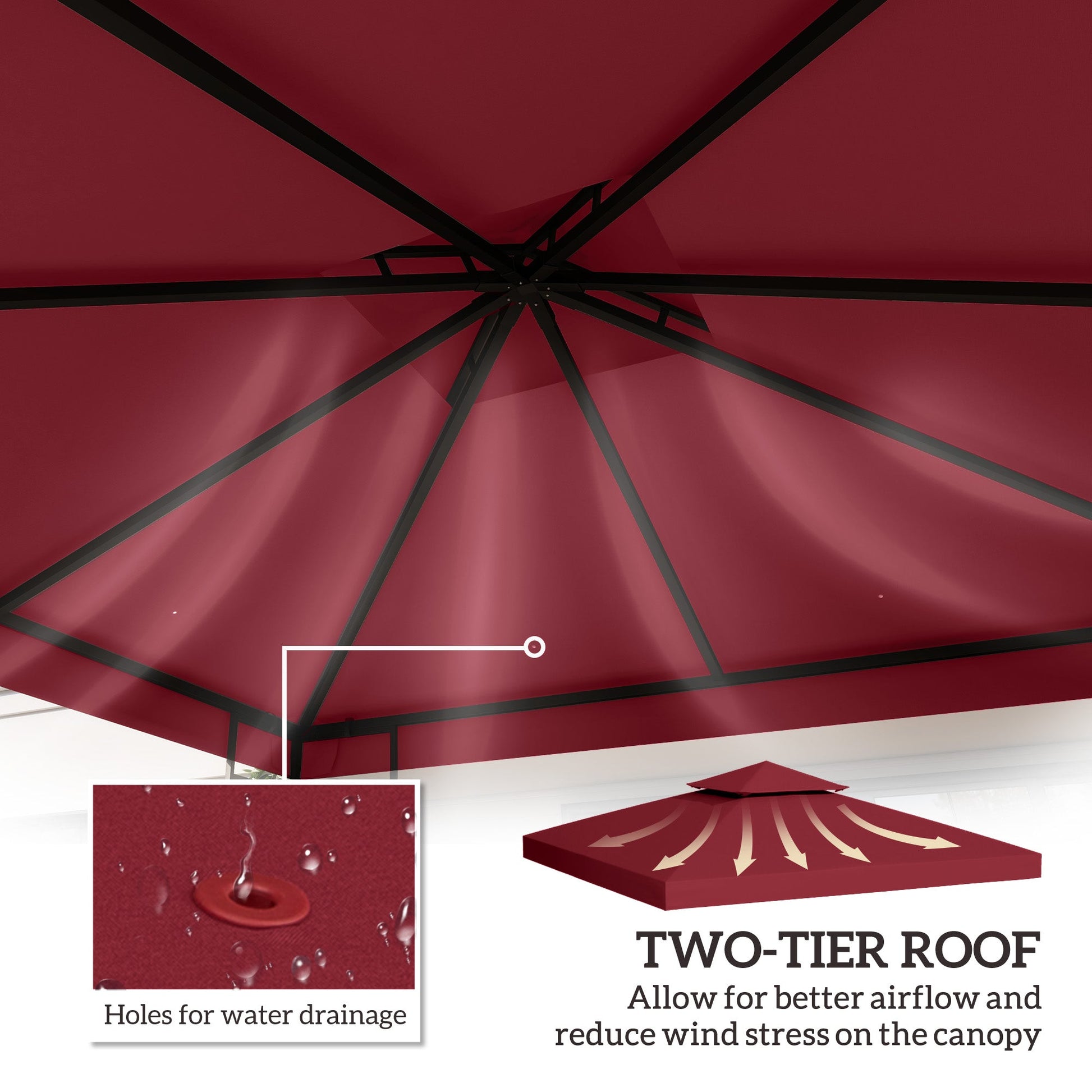 9.84' x 9.84' Square 2-Tier Gazebo Canopy Replacement Top Cover Outdoor Garden Sun Shade, Wine Red