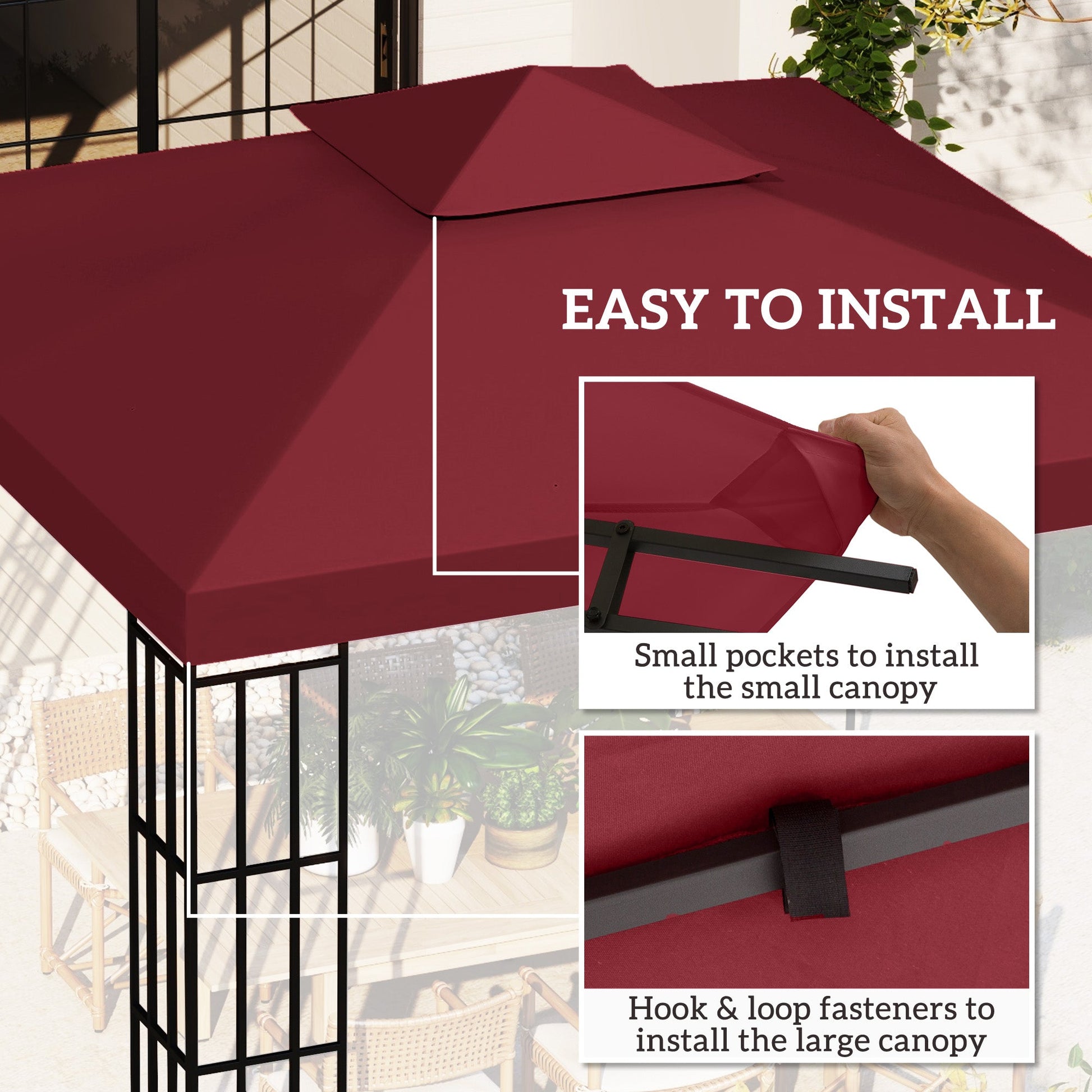 9.84' x 9.84' Square 2-Tier Gazebo Canopy Replacement Top Cover Outdoor Garden Sun Shade, Wine Red