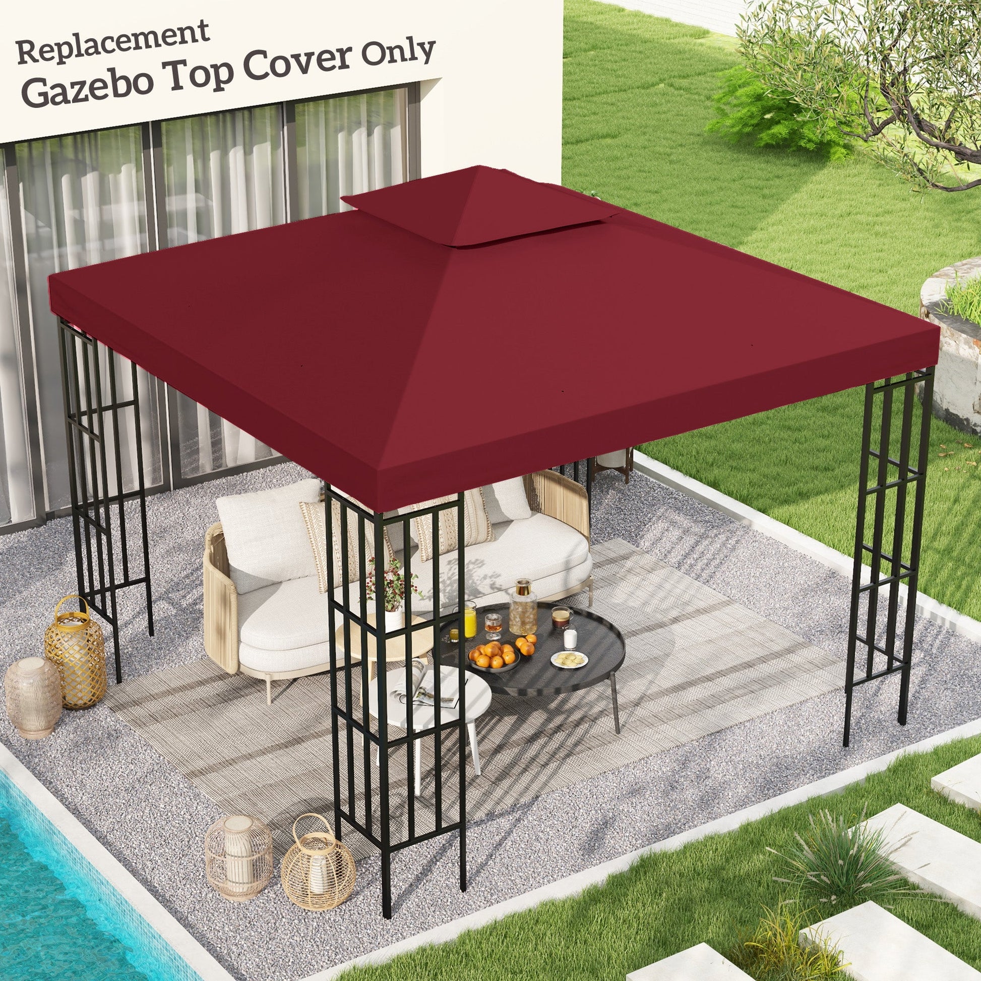 9.84' x 9.84' Square 2-Tier Gazebo Canopy Replacement Top Cover Outdoor Garden Sun Shade, Wine Red