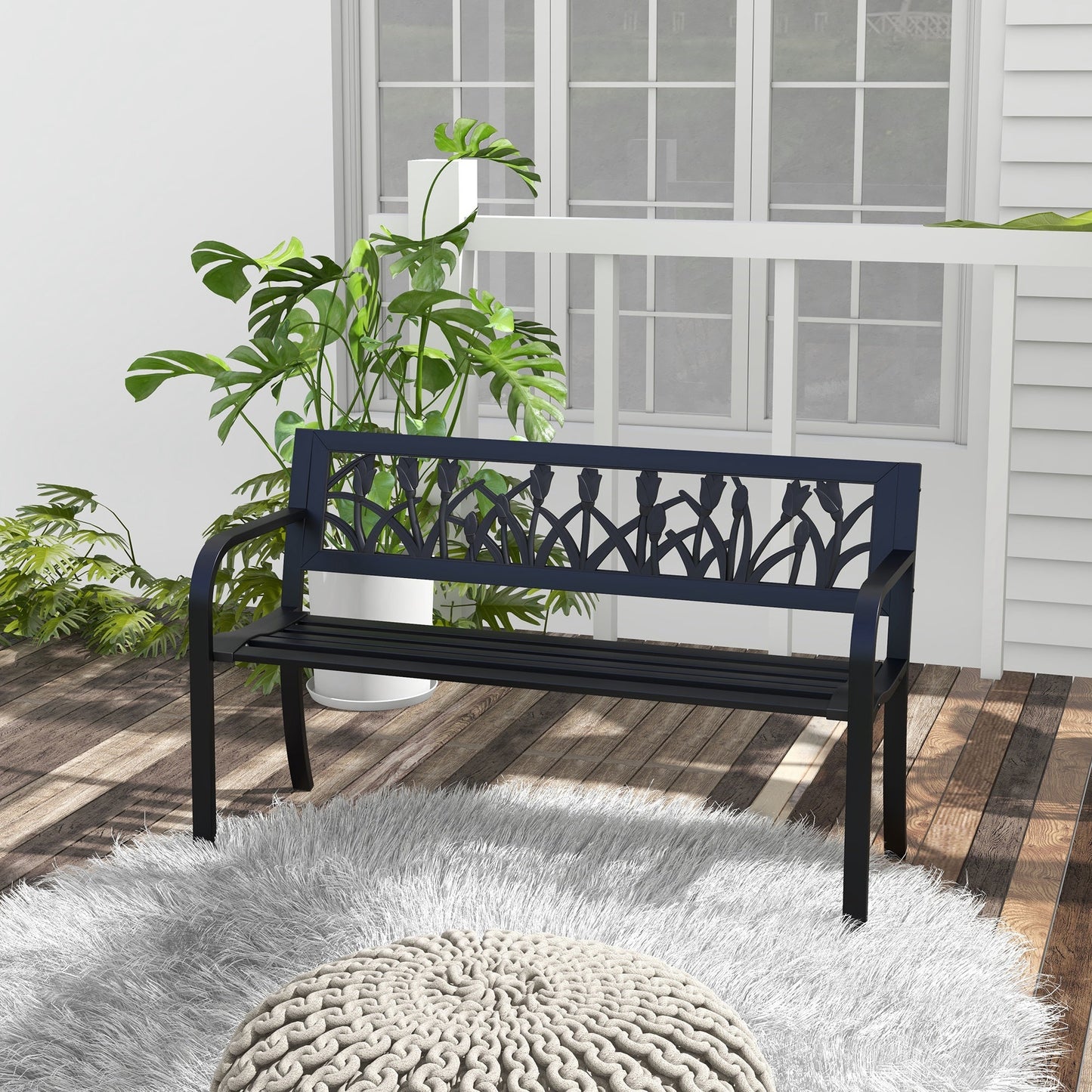 49" Garden Bench Seat, Metal Outdoor Loveseat with Decorative Backrest, Curved Arms and Slatted Seat for Patio, Backyard, Lawn, Black