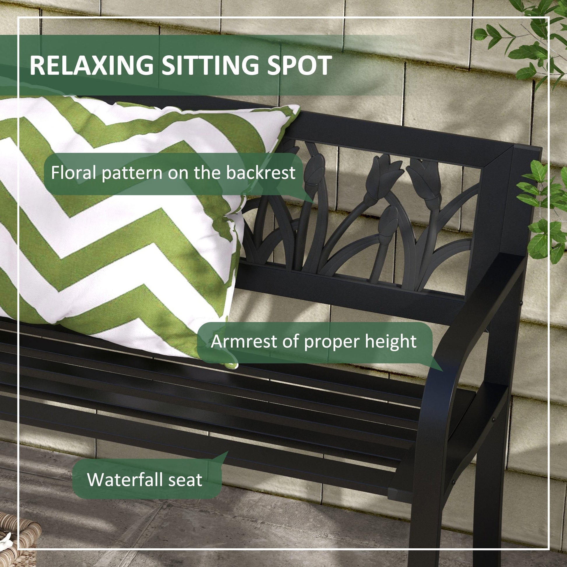 49" Garden Bench Seat, Metal Outdoor Loveseat with Decorative Backrest, Curved Arms and Slatted Seat for Patio, Backyard, Lawn, Black
