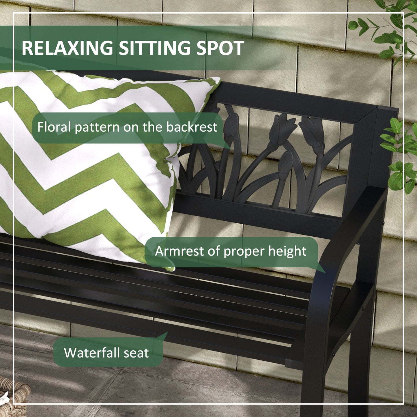 49" Garden Bench Seat, Metal Outdoor Loveseat with Decorative Backrest, Curved Arms and Slatted Seat for Patio, Backyard, Lawn, Black