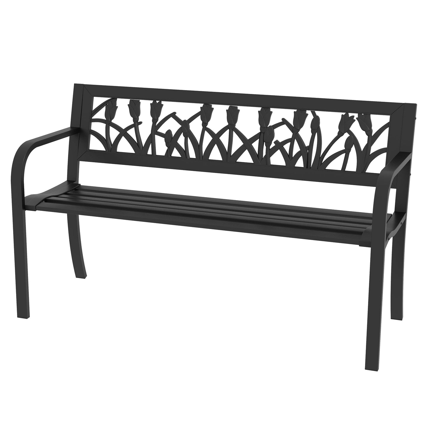 49" Garden Bench Seat, Metal Outdoor Loveseat with Decorative Backrest, Curved Arms and Slatted Seat for Patio, Backyard, Lawn, Black