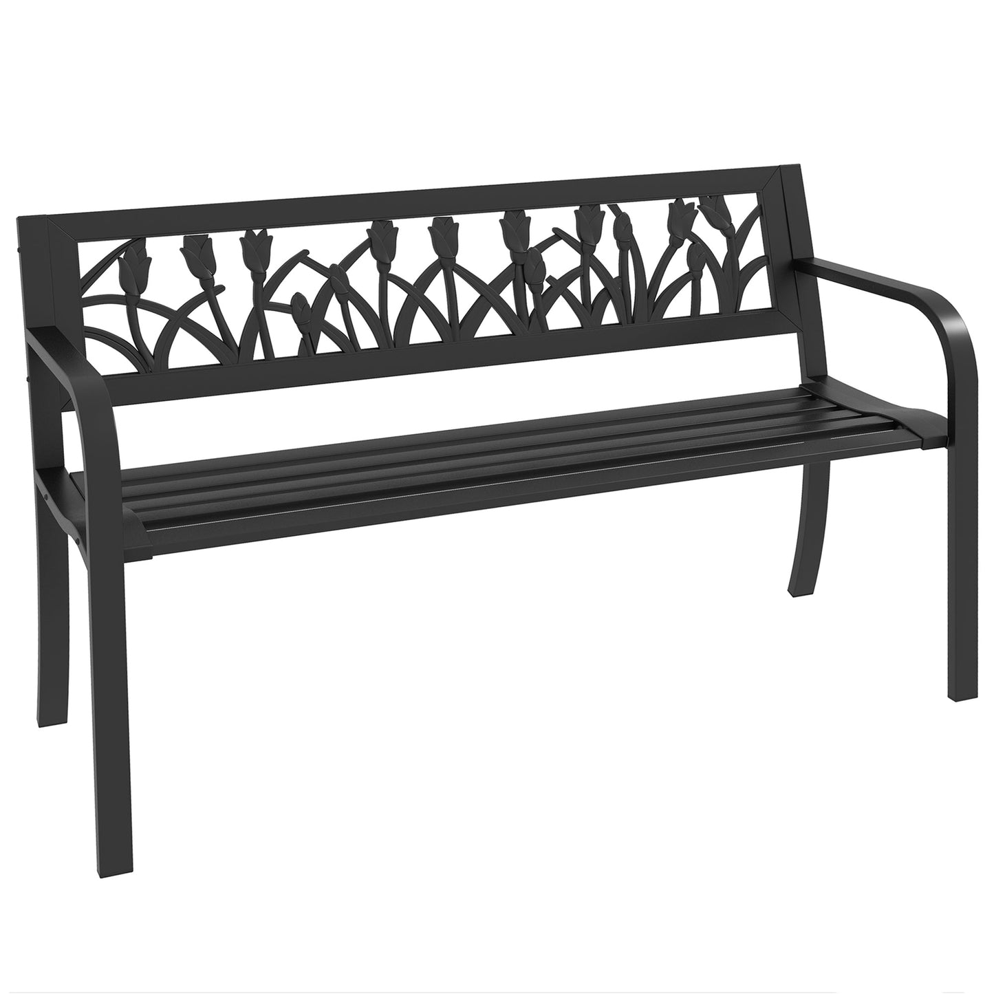 49" Garden Bench Seat, Metal Outdoor Loveseat with Decorative Backrest, Curved Arms and Slatted Seat for Patio, Backyard, Lawn, Black