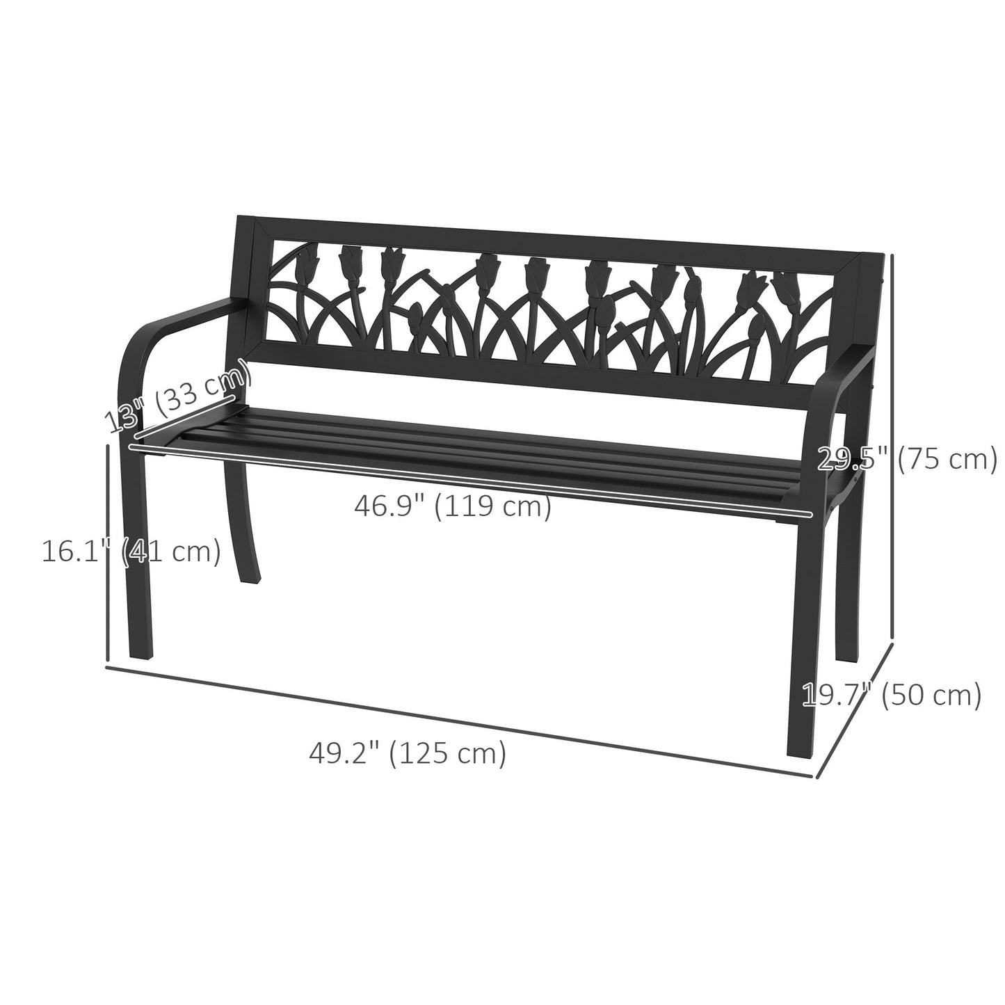 49" Garden Bench Seat, Metal Outdoor Loveseat with Decorative Backrest, Curved Arms and Slatted Seat for Patio, Backyard, Lawn, Black