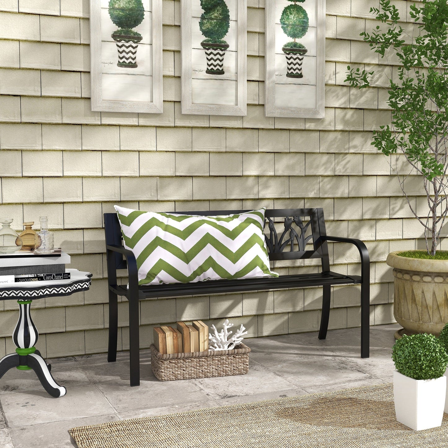 49" Garden Bench Seat, Metal Outdoor Loveseat with Decorative Backrest, Curved Arms and Slatted Seat for Patio, Backyard, Lawn, Black