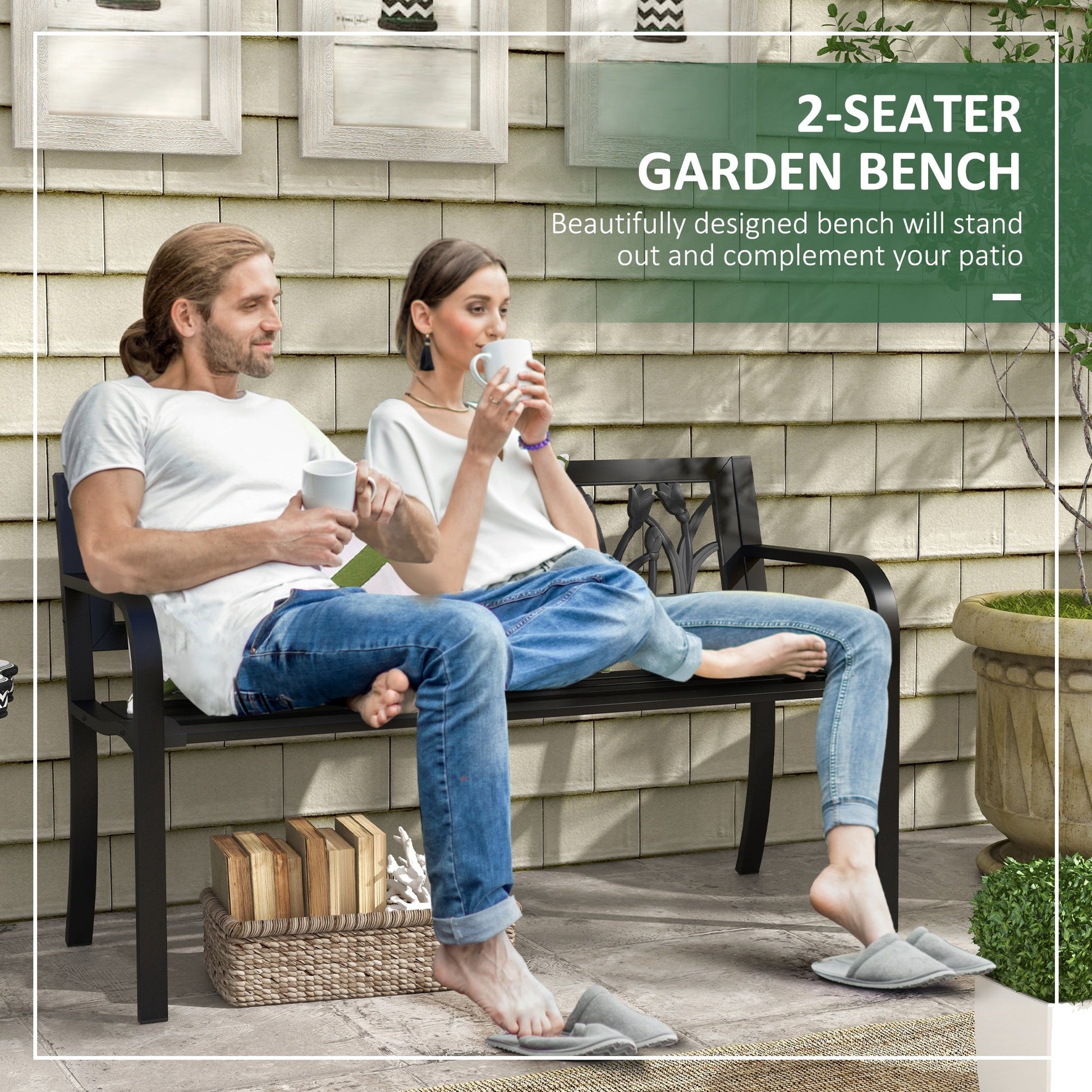 49" Garden Bench Seat, Metal Outdoor Loveseat with Decorative Backrest, Curved Arms and Slatted Seat for Patio, Backyard, Lawn, Black