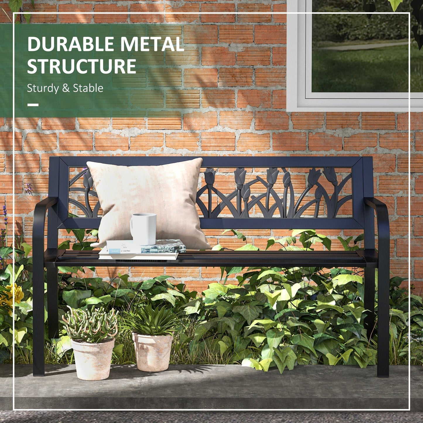 49" Garden Bench Seat, Metal Outdoor Loveseat with Decorative Backrest, Curved Arms and Slatted Seat for Patio, Backyard, Lawn, Black