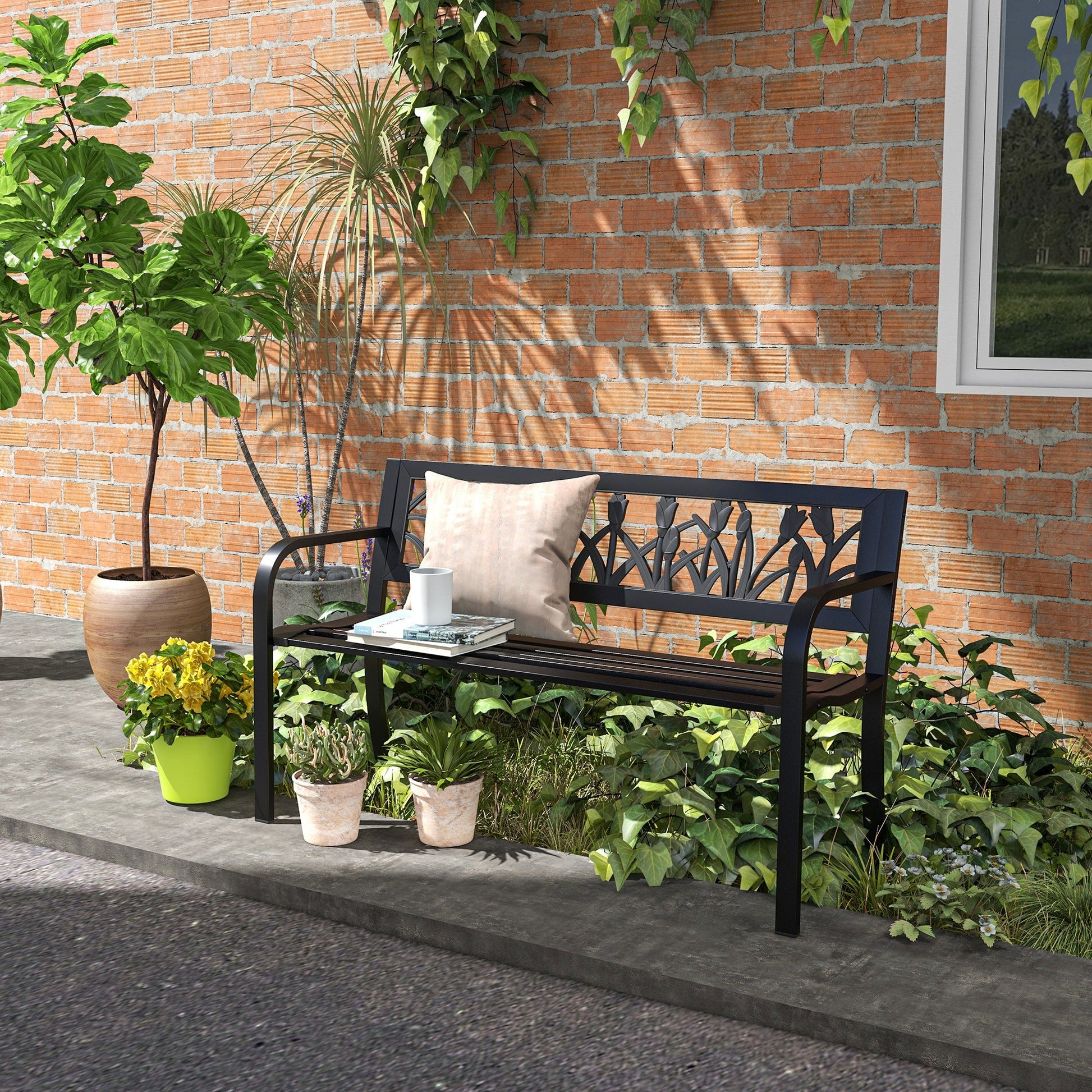 49" Garden Bench Seat, Metal Outdoor Loveseat with Decorative Backrest, Curved Arms and Slatted Seat for Patio, Backyard, Lawn, Black