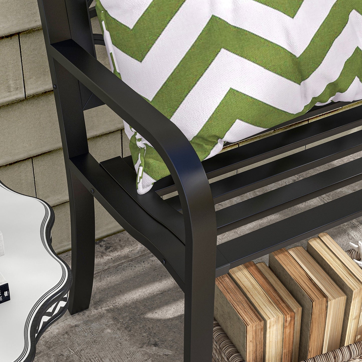 49" Garden Bench Seat, Metal Outdoor Loveseat with Decorative Backrest, Curved Arms and Slatted Seat for Patio, Backyard, Lawn, Black