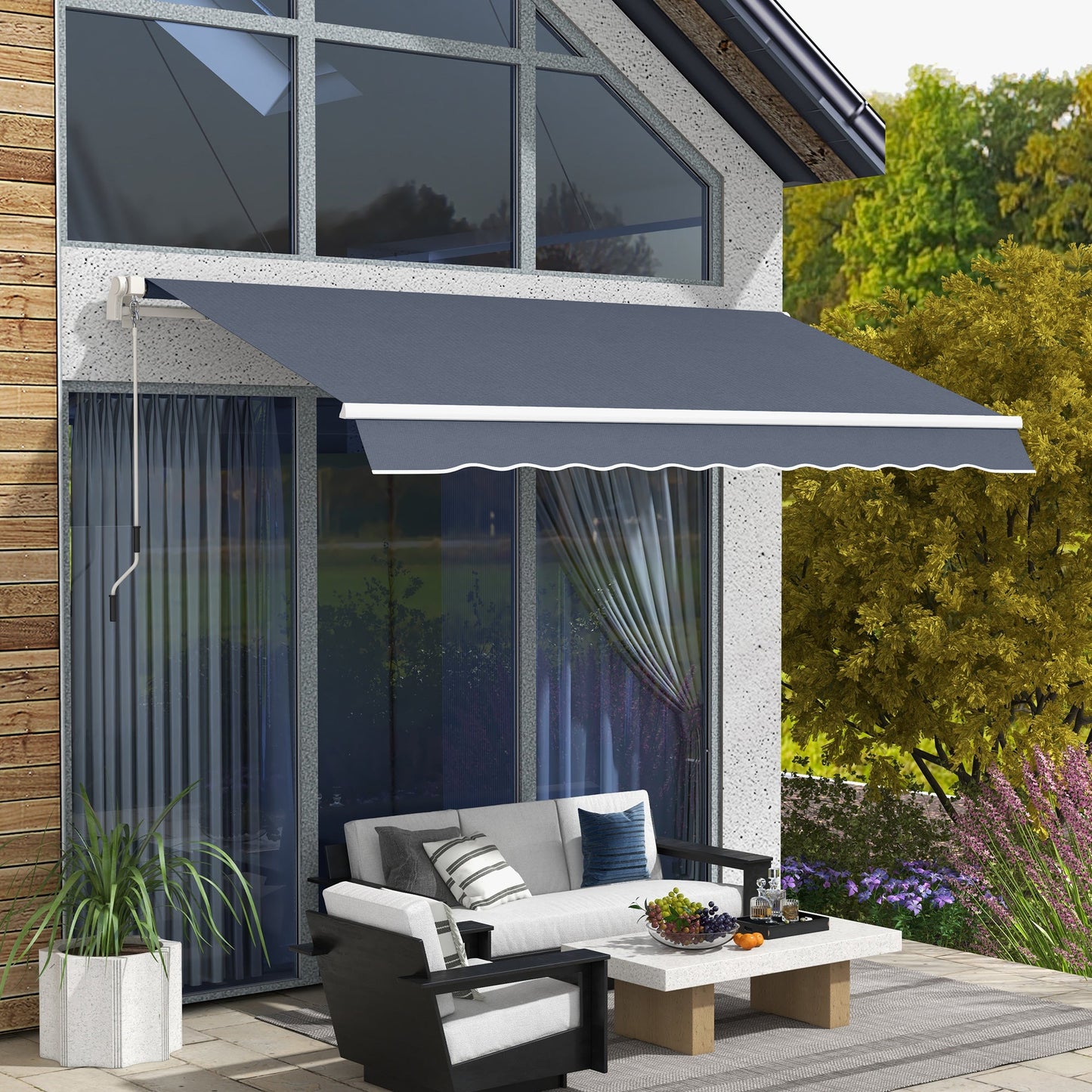12' x 8' Retractable Awning Patio Awnings Sun Shade Shelter with Manual Crank Handle, UV & Water-Resistant Fabric and Aluminum Frame for Deck Balcony Yard, Dark Grey