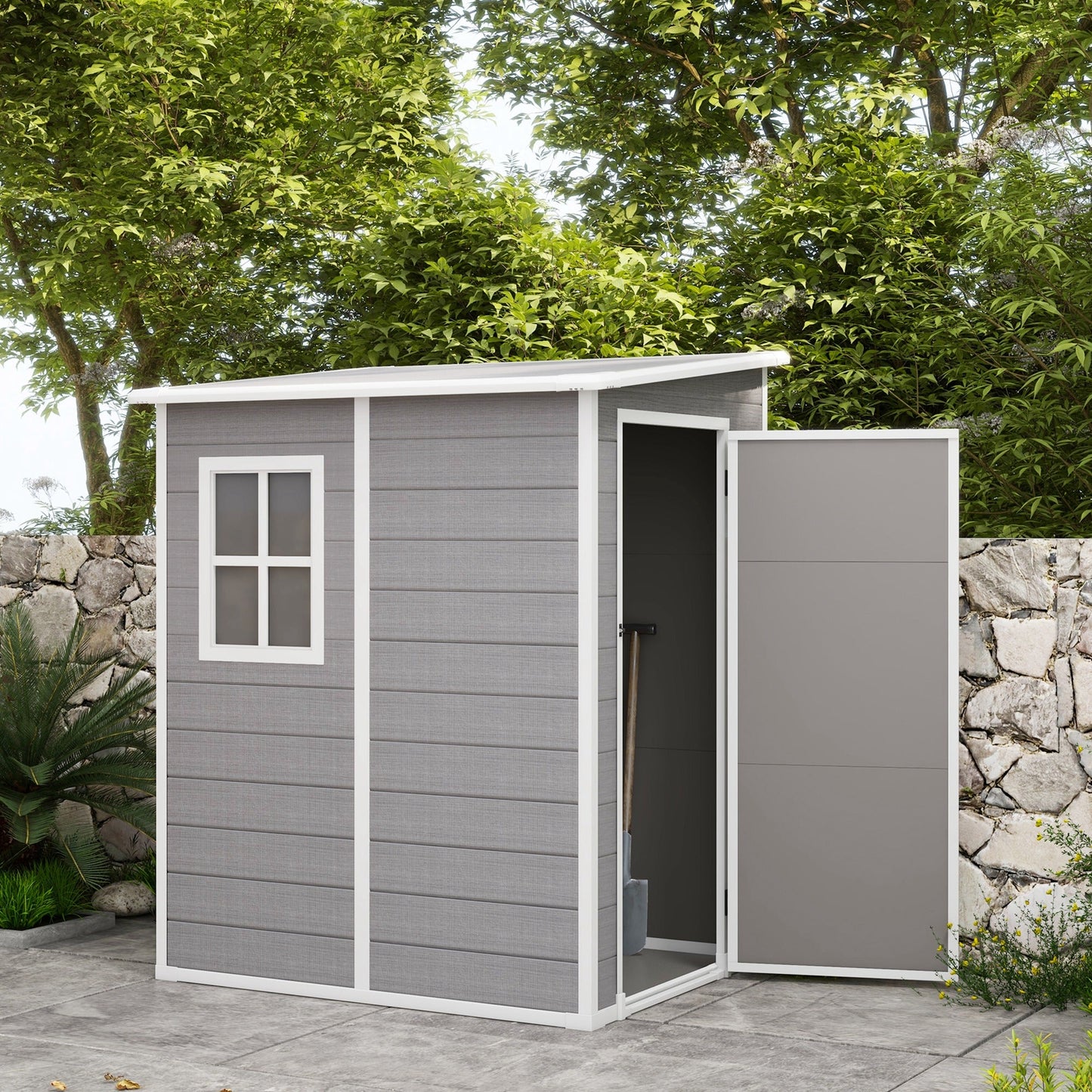 4 x 5FT Lean to Outdoor Storage Shed with Floor, Plastic Garden Tool Storage House Organizer with Window, Vent and Plastic Roof for Backyard, Patio, Lawn, Grey
