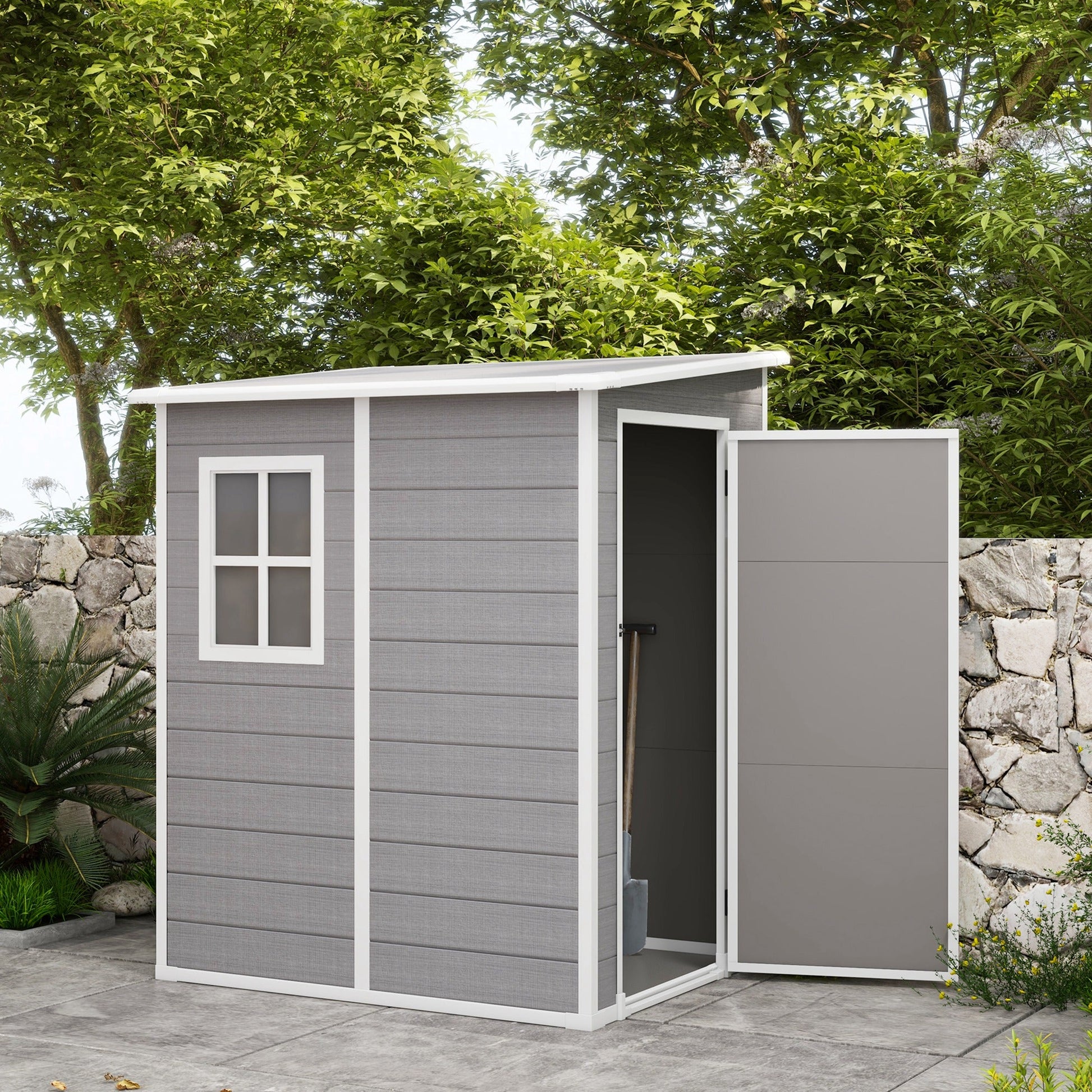 4 x 5FT Lean to Outdoor Storage Shed with Floor, Plastic Garden Tool Storage House Organizer with Window, Vent and Plastic Roof for Backyard, Patio, Lawn, Grey