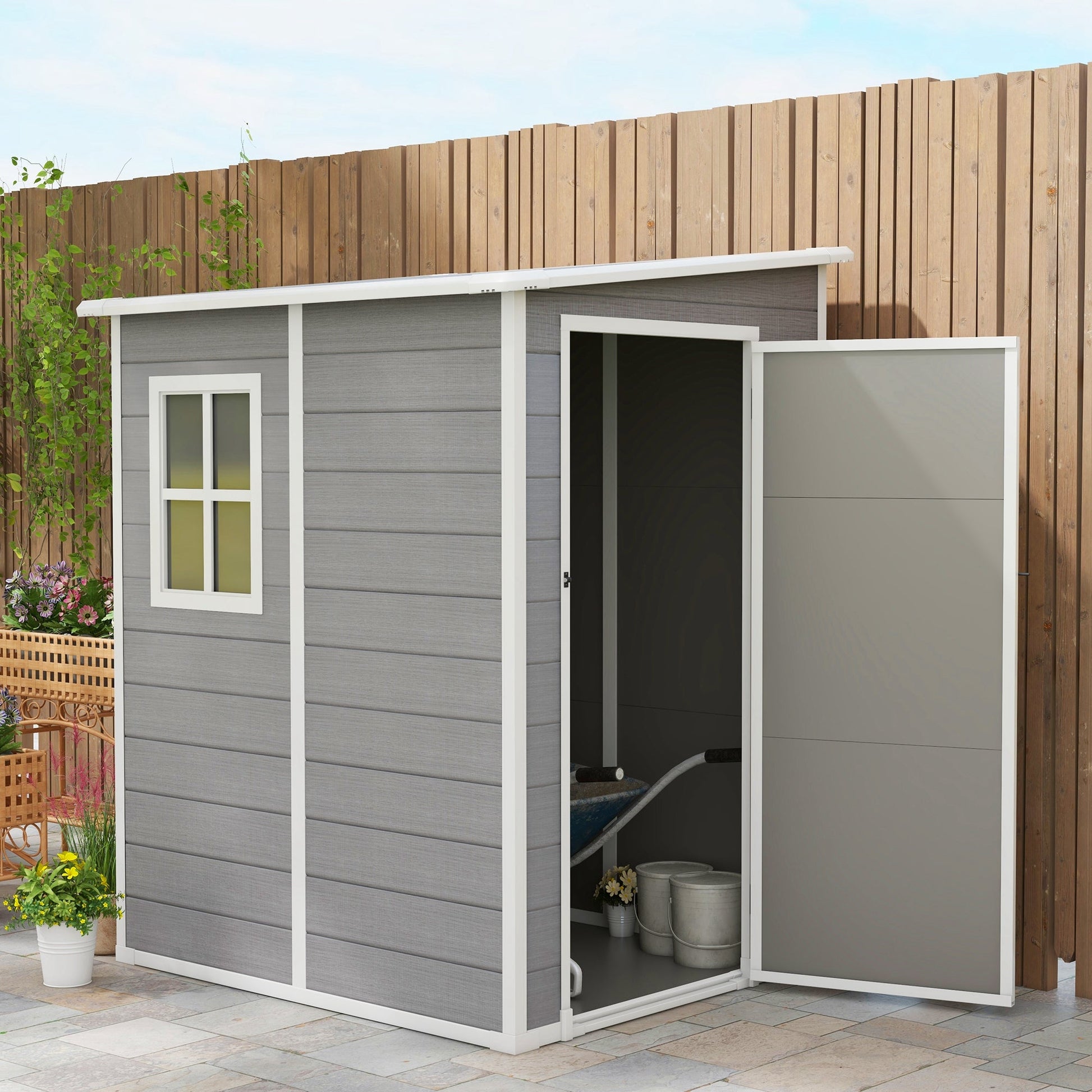 4 x 5FT Lean to Outdoor Storage Shed with Floor, Plastic Garden Tool Storage House Organizer with Window, Vent and Plastic Roof for Backyard, Patio, Lawn, Grey