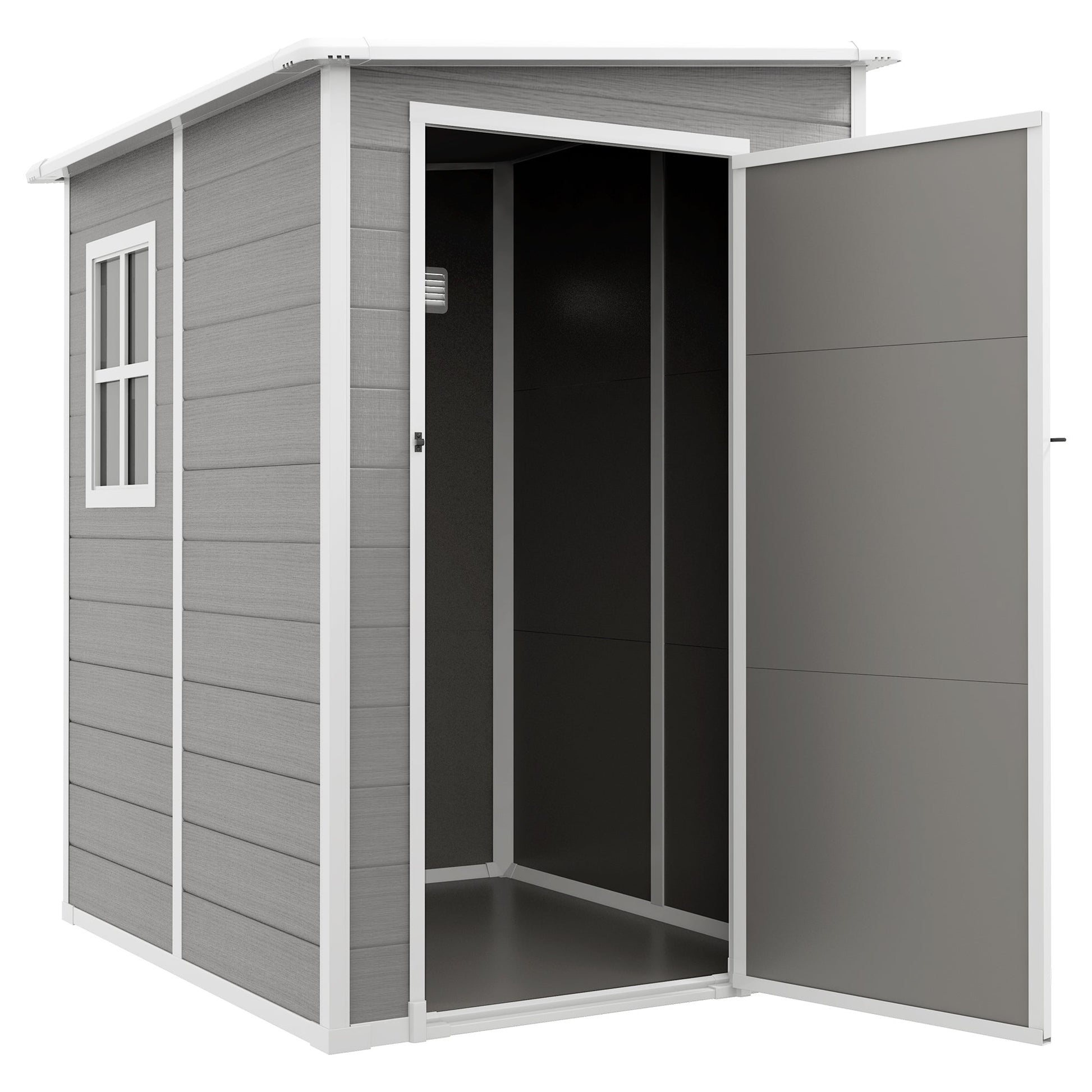 4 x 5FT Lean to Outdoor Storage Shed with Floor, Plastic Garden Tool Storage House Organizer with Window, Vent and Plastic Roof for Backyard, Patio, Lawn, Grey