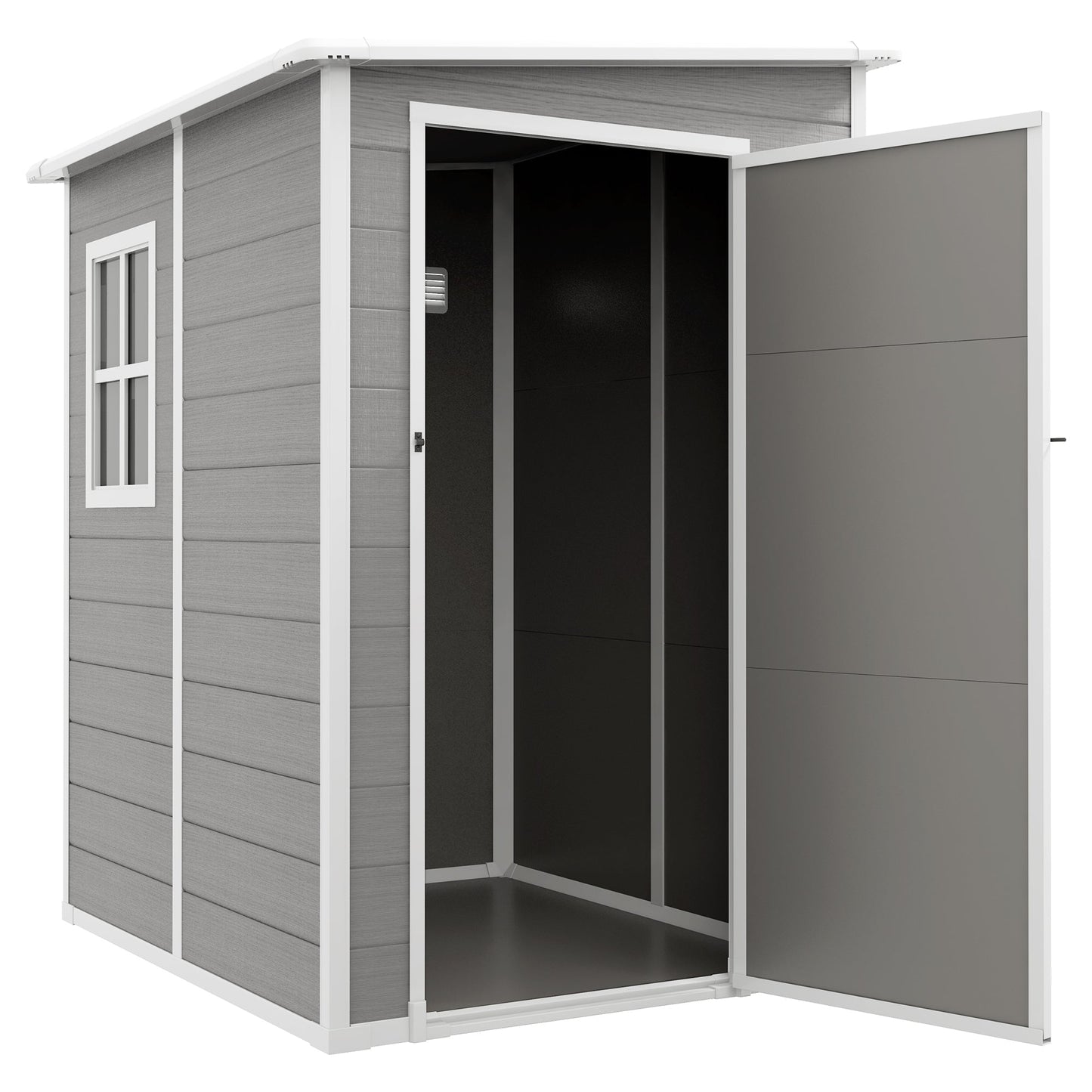 4 x 5FT Lean to Outdoor Storage Shed with Floor, Plastic Garden Tool Storage House Organizer with Window, Vent and Plastic Roof for Backyard, Patio, Lawn, Grey